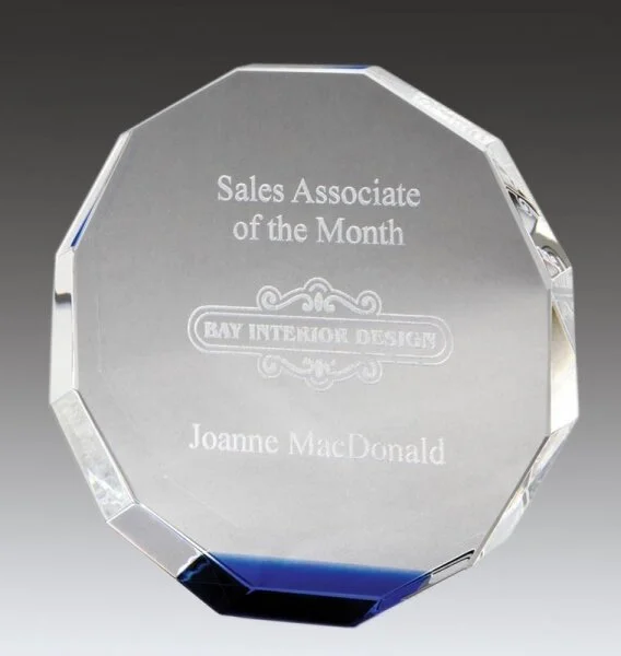 Crystal Octagon w/Blue Accent Award- 2 Sizes (Engraving Included)
