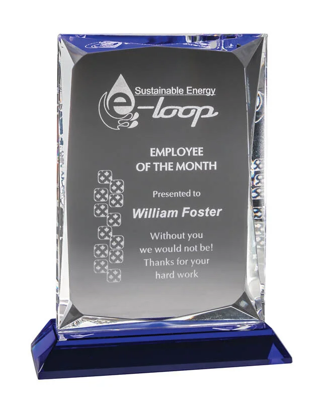 Crystal Angular Block, Blue Base Award- 2 Sizes (Engraving Included)
