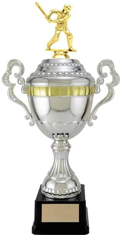 Cricket Batsman Silver Plastic Cup Trophy- 5 Sizes (Includes Engraving)