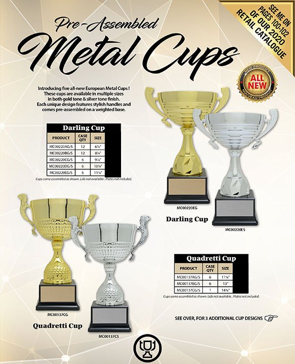 Cup Trophy - Crystal & Gold, Crystal Cup Award with Scroll Handles Award