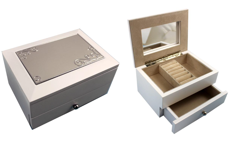 White/Silver Jewelry Box with Drawer 7” x 5” (Includes Engraving)