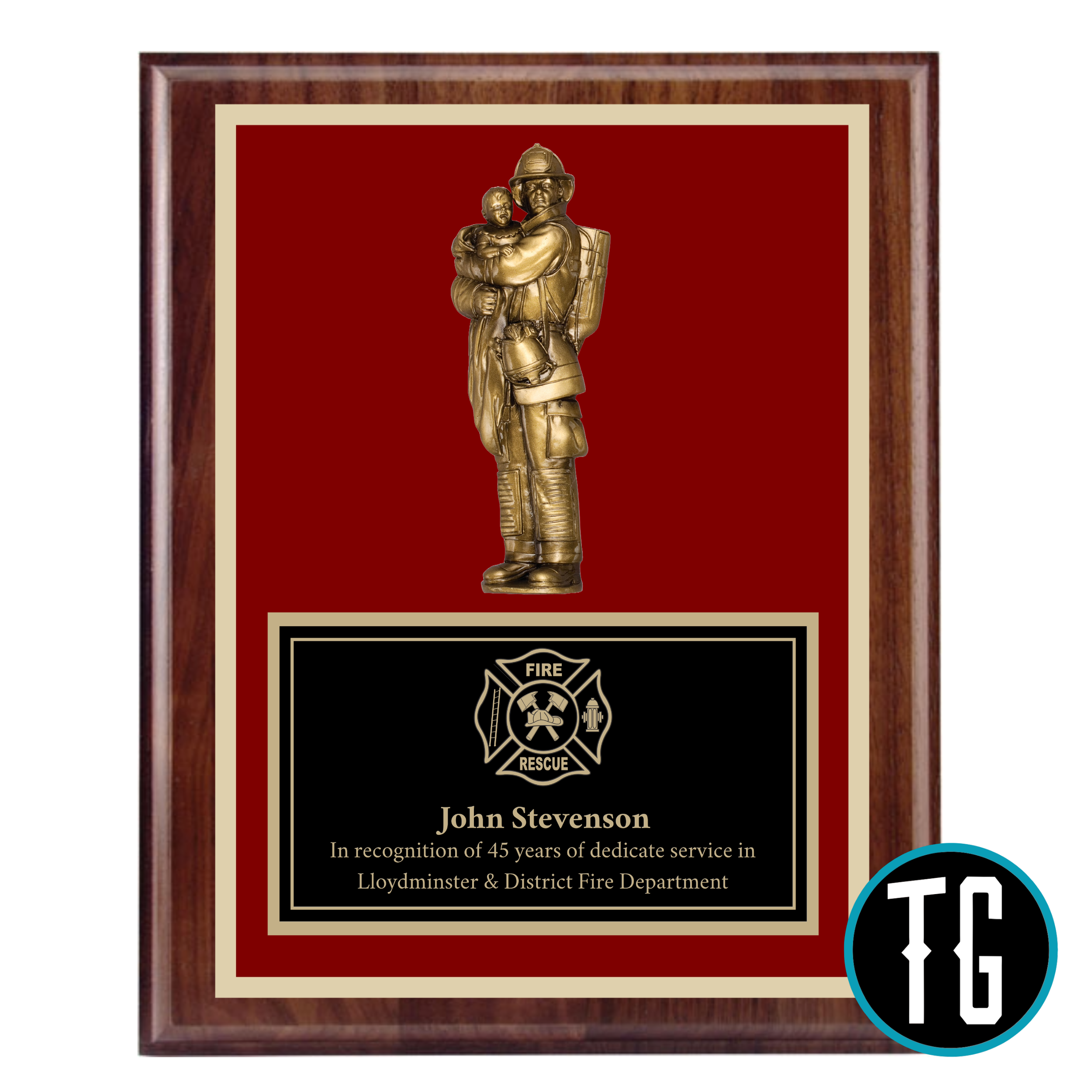 Firefighter & Child Walnut Plaque 12" x 15" (Includes Engraving)