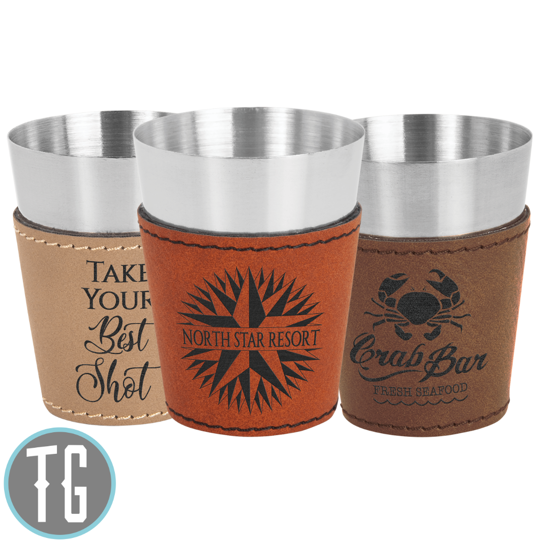 Shot Glass Leather and Stainless Steel 2 oz. (Includes Engraving)