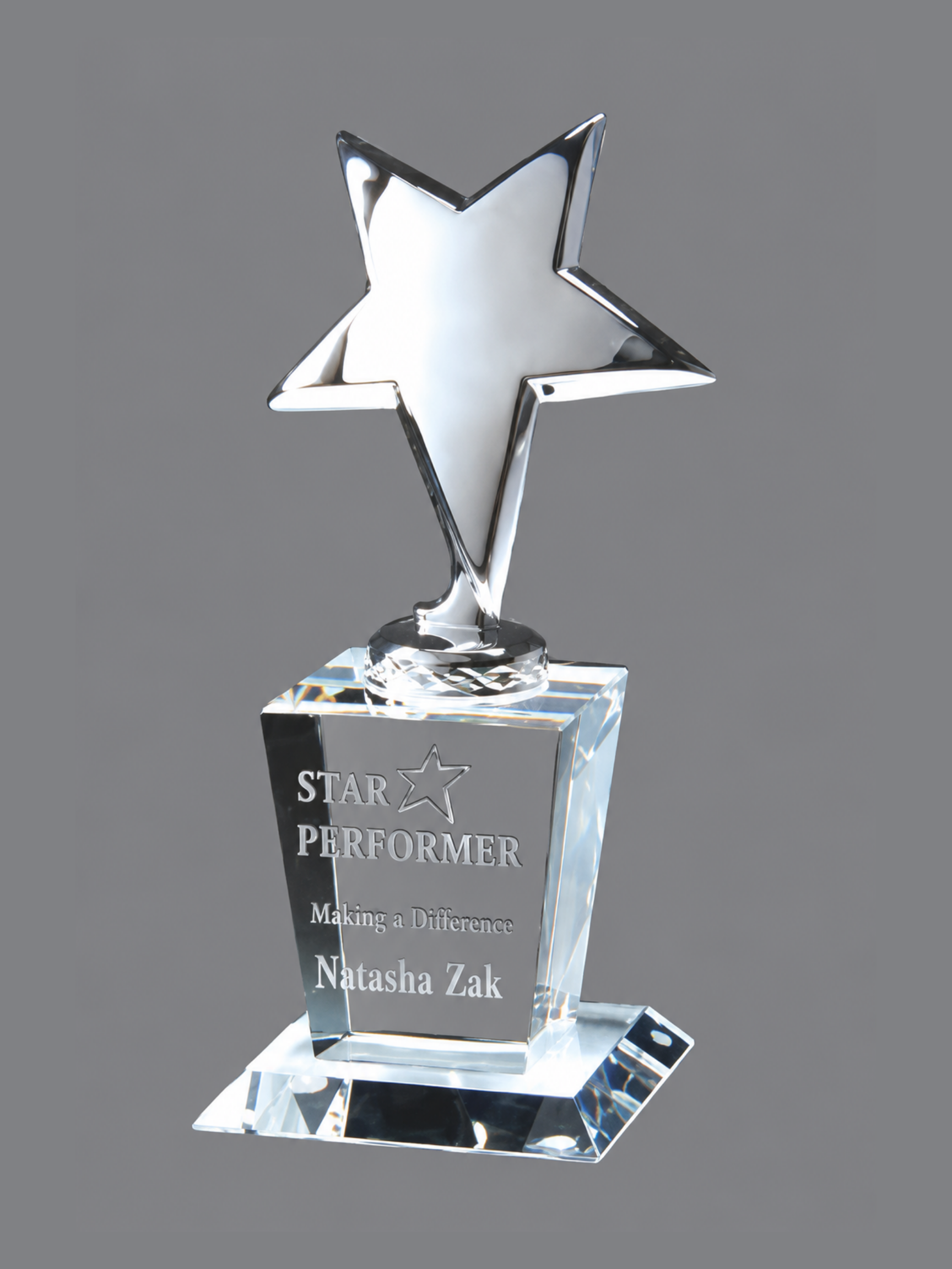 Chrome Star on Crystal Base 3" x 7.5" (Includes Engraving)
