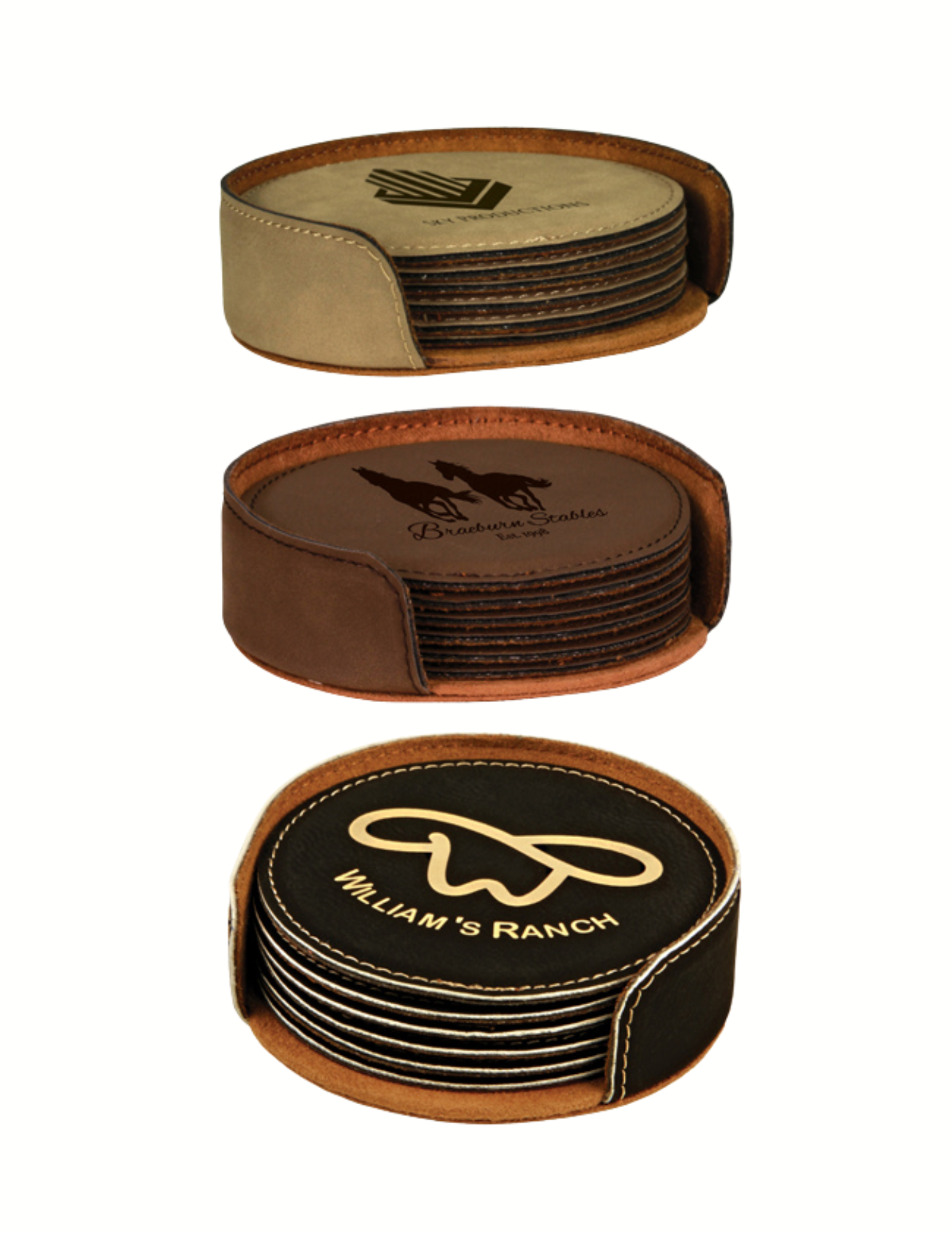 Round Leatherette Coaster Set 4"- 9 Colors (Includes Engraving)