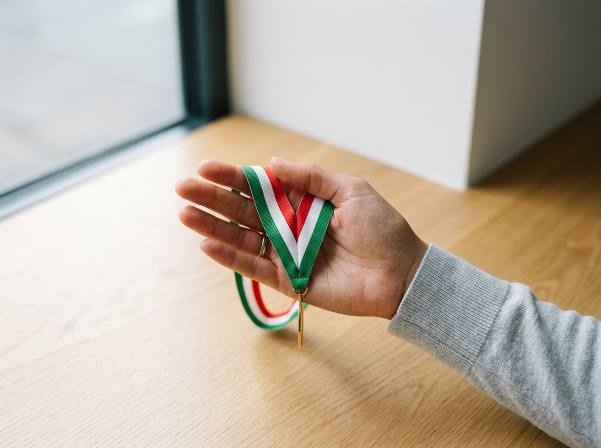 green white red ribbon in hand