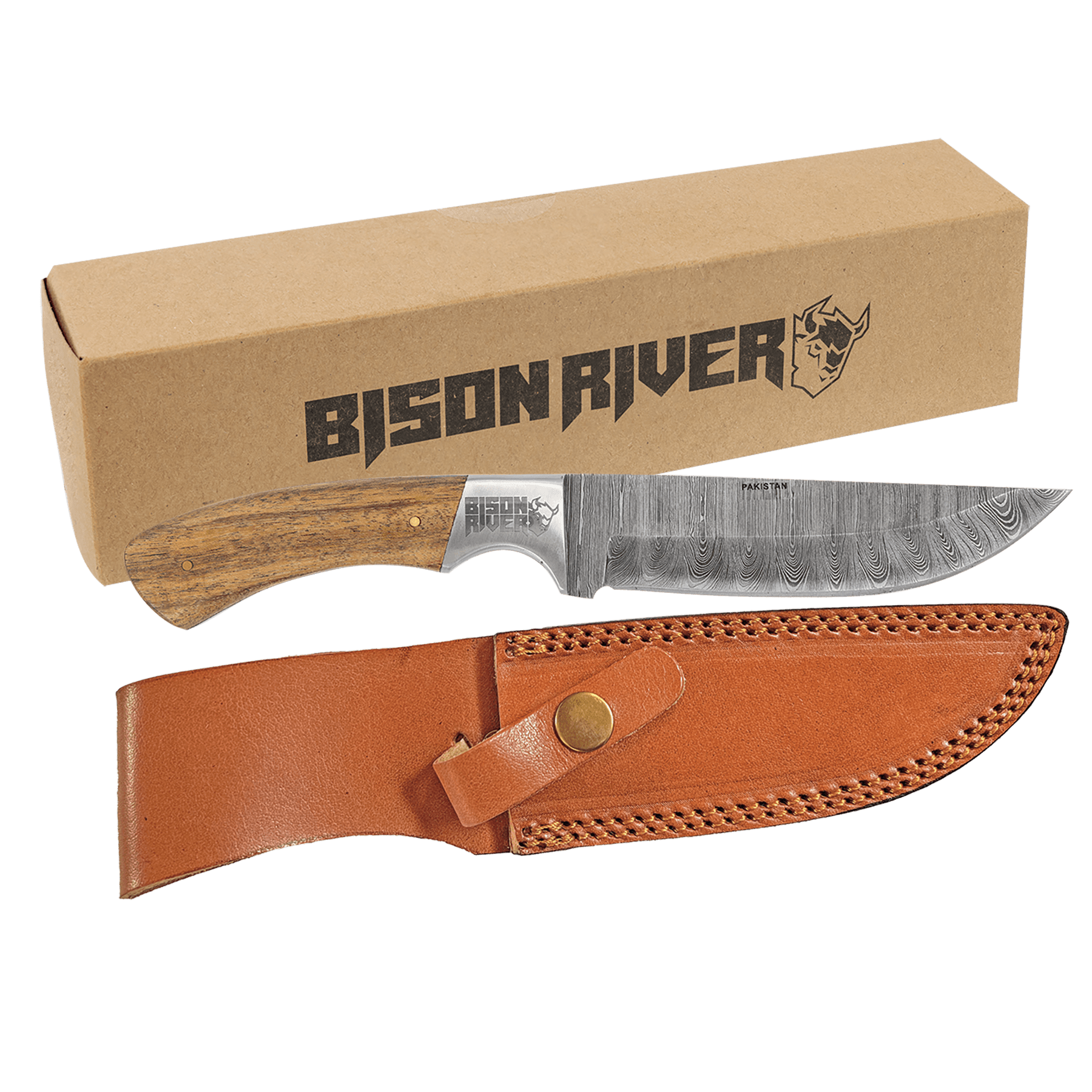 Fixed Blade Wood Knife with Damascus Steel Blade and Leather Sheath 9.5" (Includes Engraving)