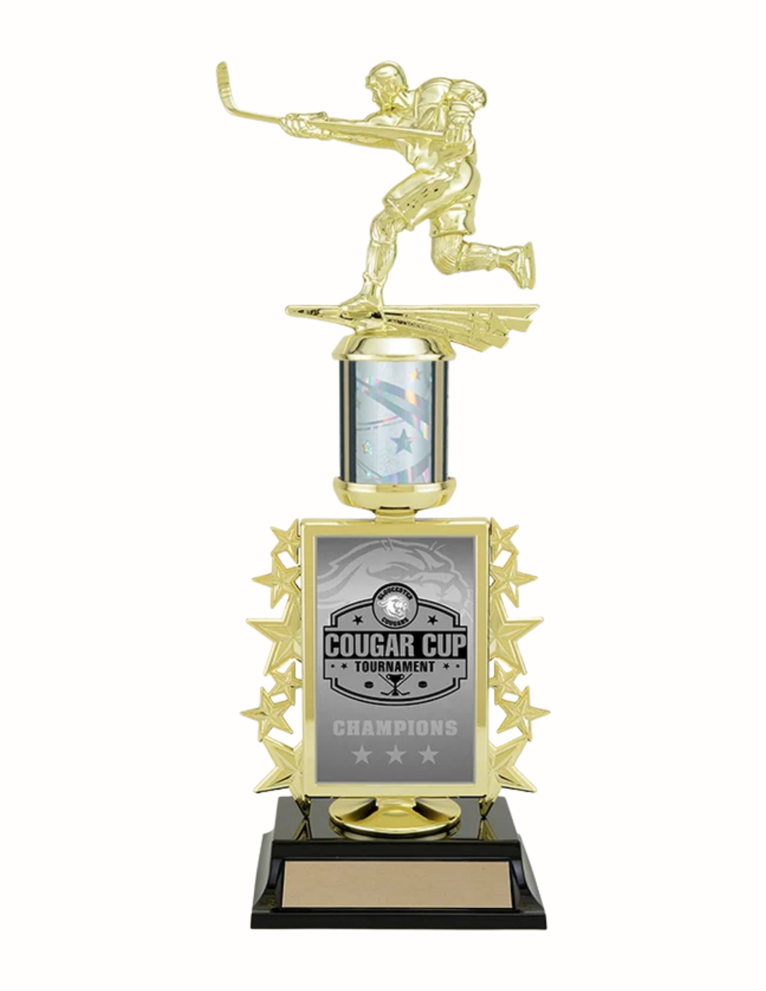 Superstar silver Hockey Trophy 13" (Engraving and Full Color Team Logo Included)
