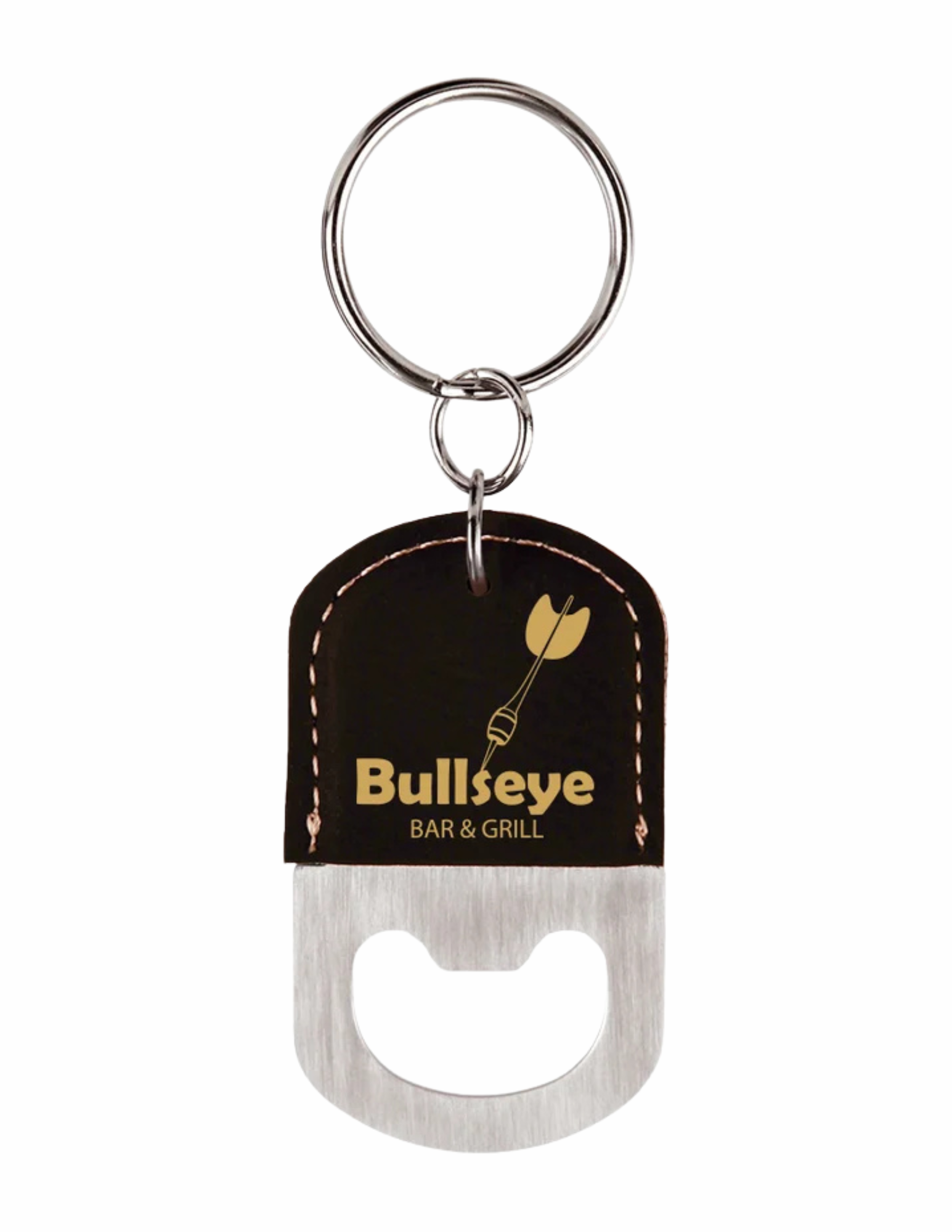 Oval Black/Gold Laserable Leatherette Bottle Opener Keychain