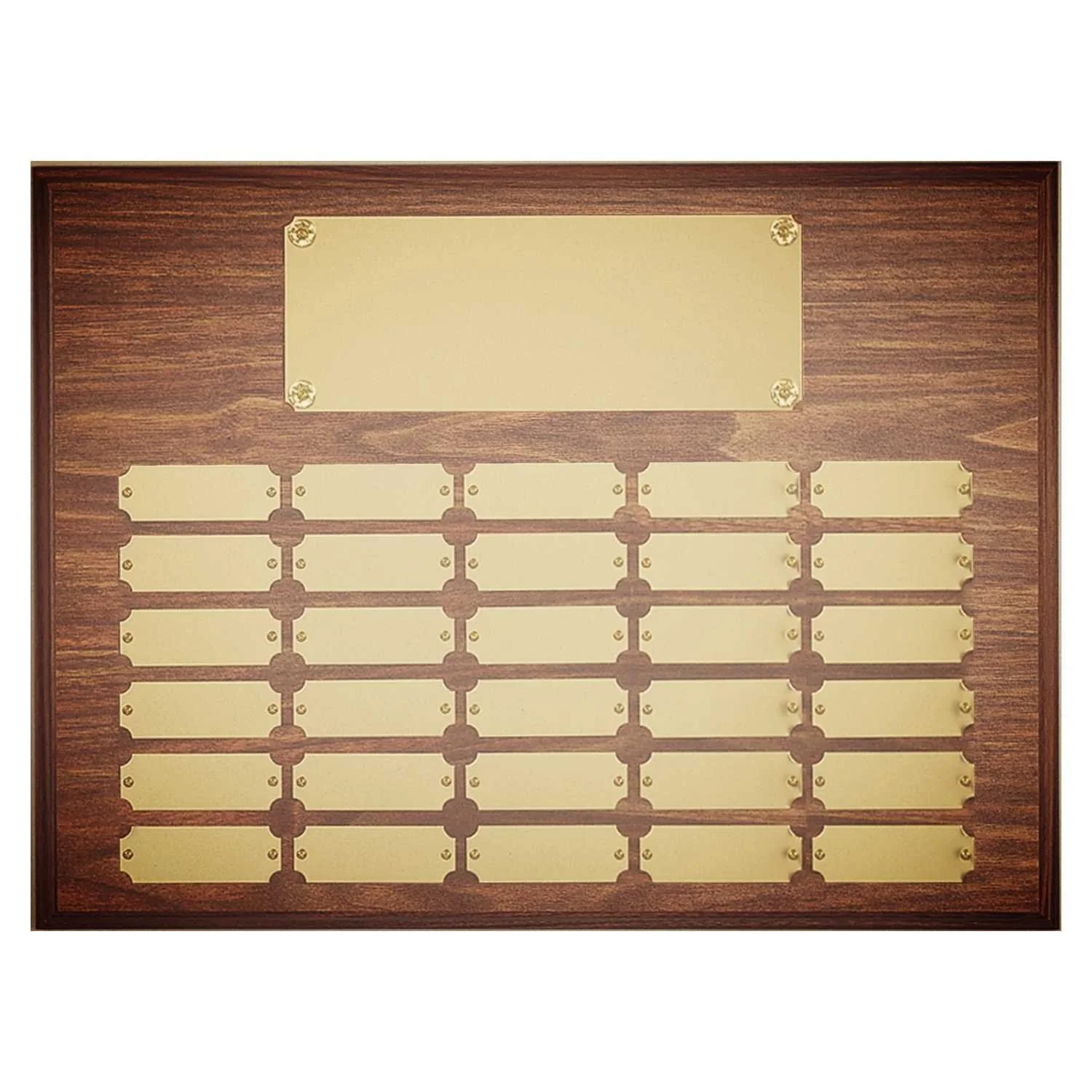 Perpetual Walnut Finish Plaque 12x16" 30 Satin Gold Plates (Includes Header- 2 Custom Options)