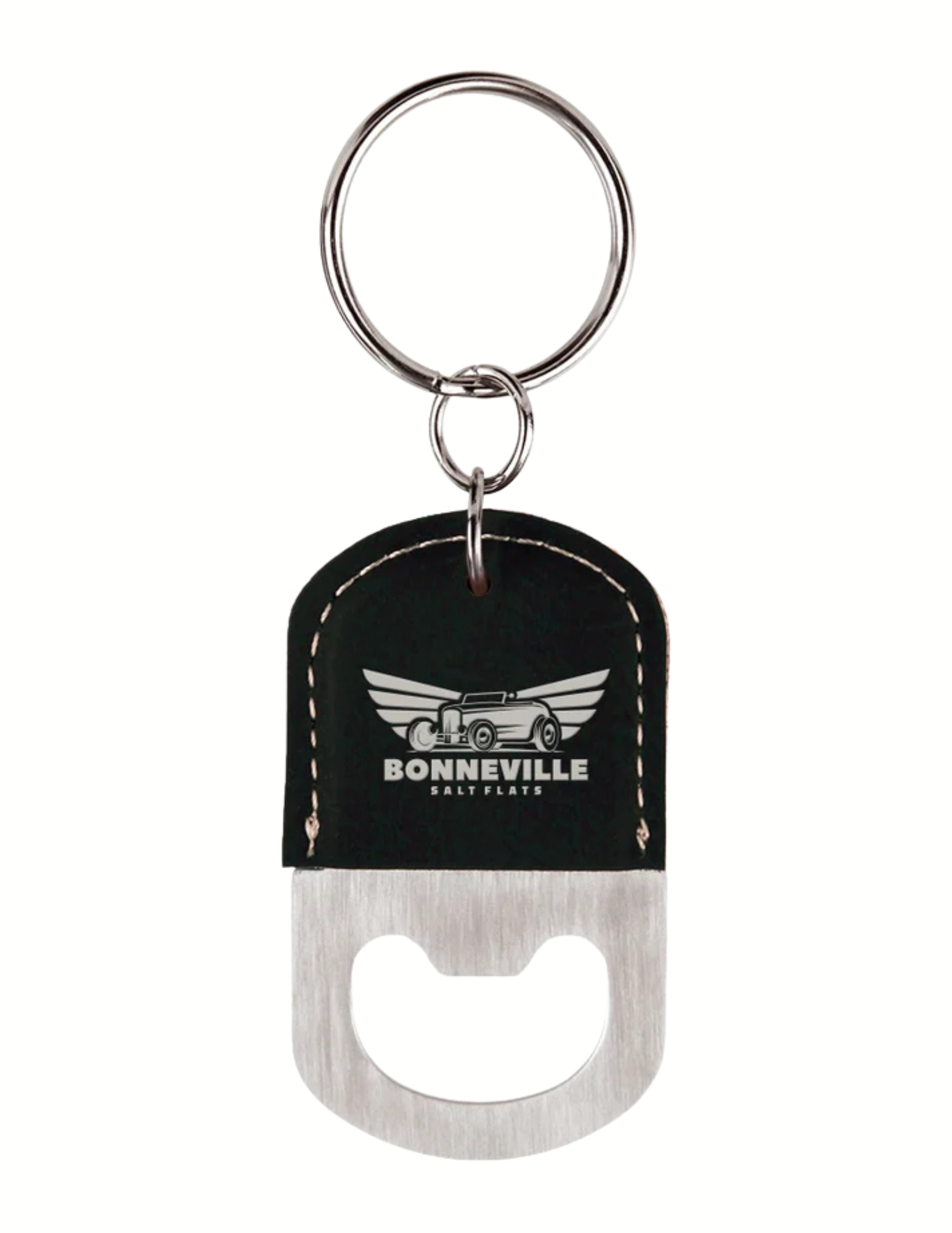 Oval Black/Silver Laserable Leatherette Bottle Opener Keychain 2.5" x 1.5" (Includes Engraving)