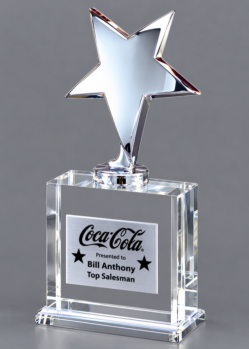 Chrome Star on Square Crystal Base- 2 Sizes (Includes Engraving)