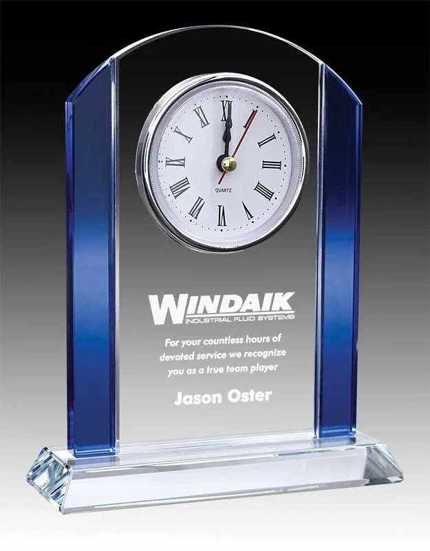 Glass Curve with Blue Trim Clock 6.5" (Includes Engraving)