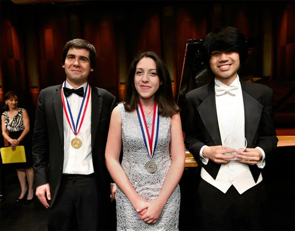 The 2013 Van Cliburn Winners. Left to Right: Gold Medalist Vadim Kholodenko; Silver Medalist Beatrice Rana; Crystal Award Winner Sean Chen