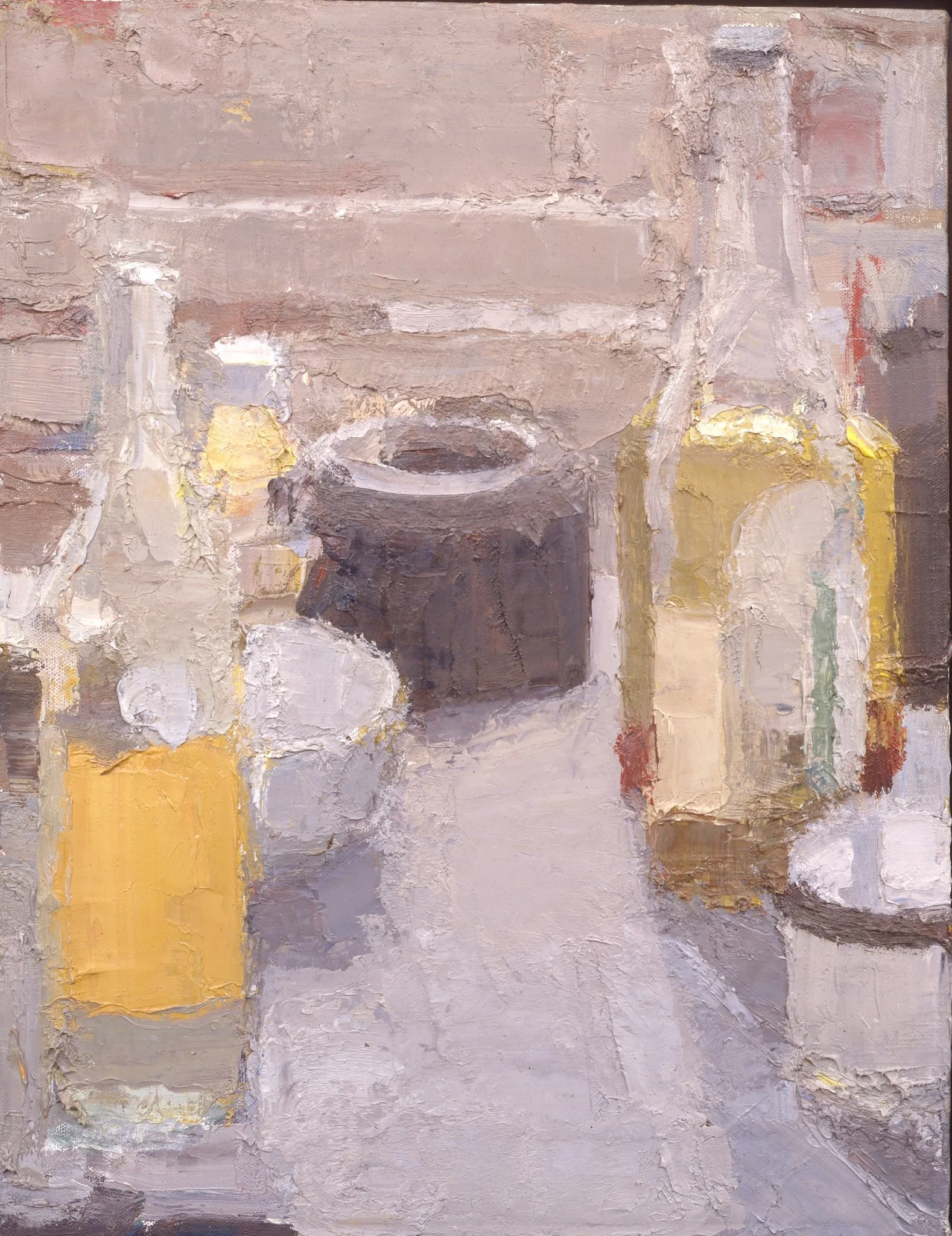 Tabletop, Bottles, 1992 oil on canvas, 10 x14 in