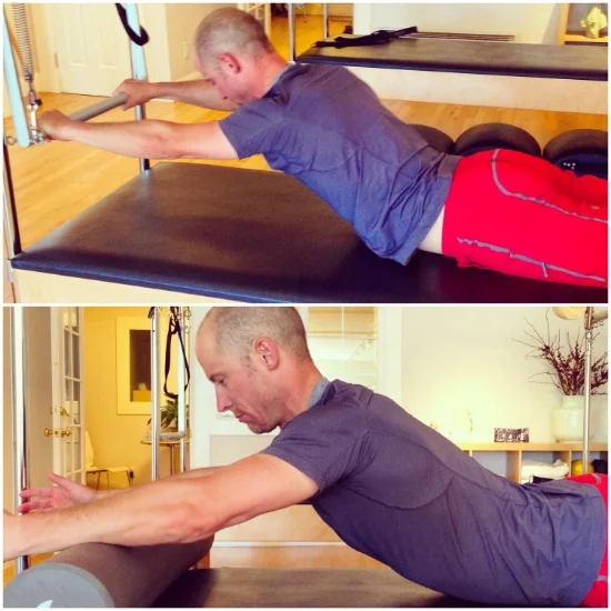 Top : Swan on the cadillac's push-through bar to open the chest and get some back extension in the upper back; Bottom : Swan/yoga Cobra done on a foam roller for the same effect