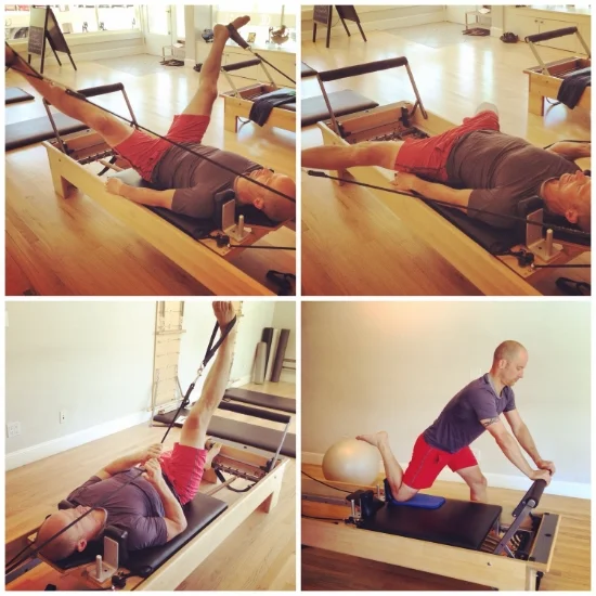 Upper Left : Leg circles to get some rotation and help open the hips; Upper Right : deep groin (inner thigh) stretch; Lower Left : single hamstring stretch, also once crossed over body we get the IT band; Lower Right : quad and psoas stretch