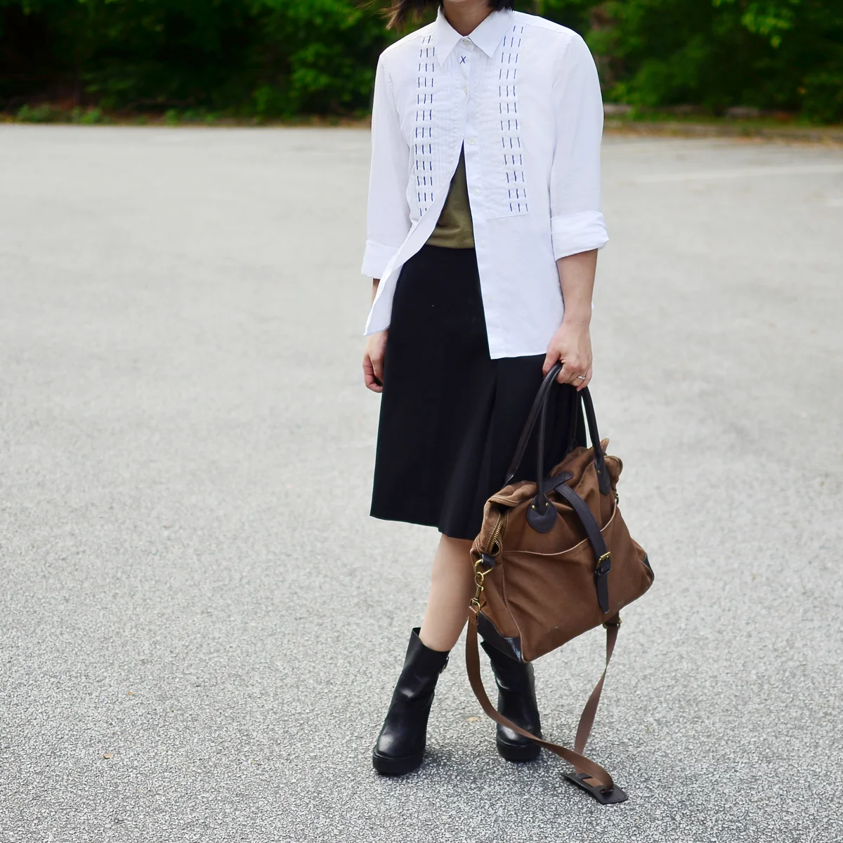 Tibi stitched button down and Theory midi skirt.