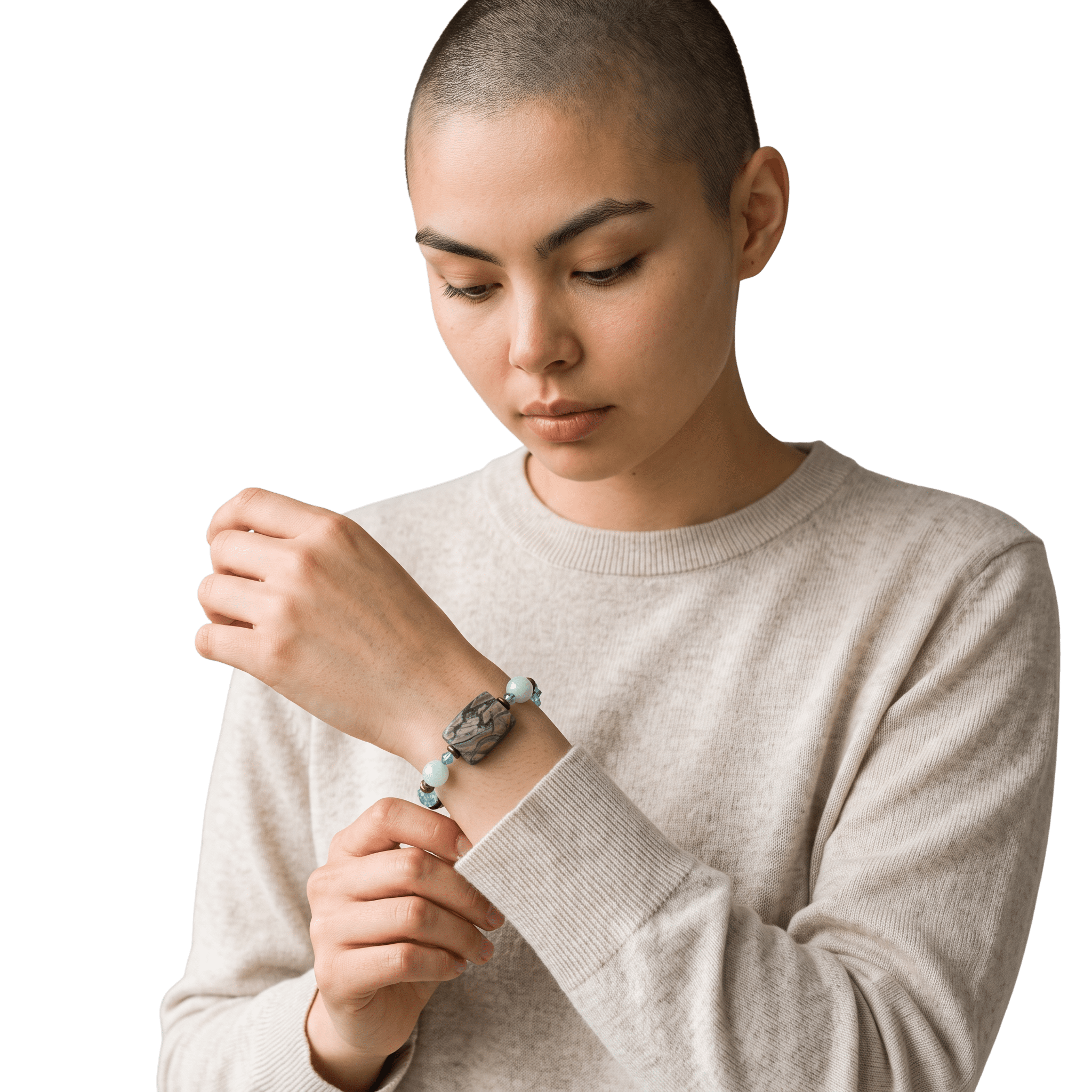 Woman wearing Oregon Blue Opal and Swarovski Crystals Brass Bracelet by Lottie's Trinkets
