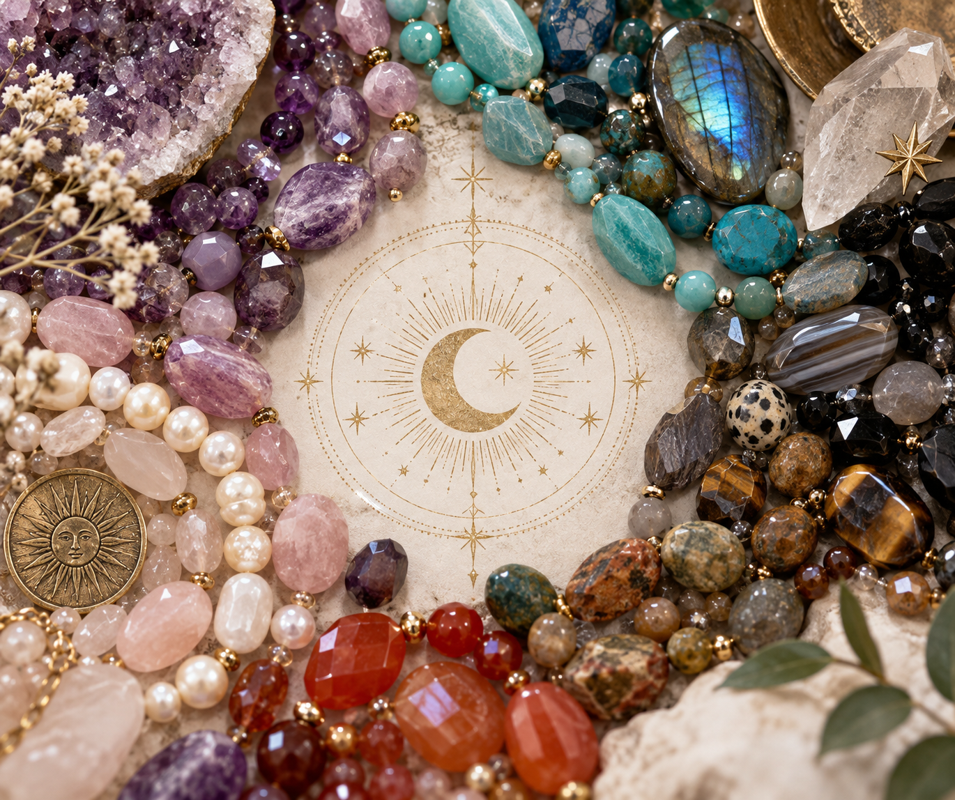 A collection of colorful semi-precious gemstone necklaces arranged in a circle around a mystical card with a moon and stars illustration.