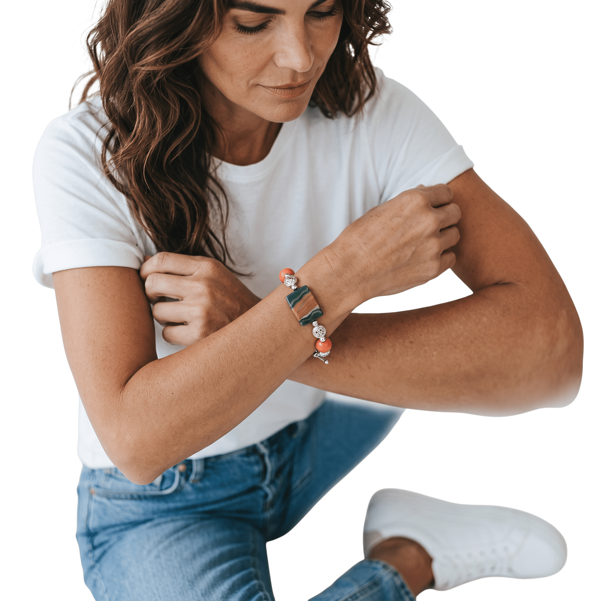 Woman wearing Ocean Jasper and Swarovski Crystal Pearls Silver Plated Bracelet by Lottie's Trinkets