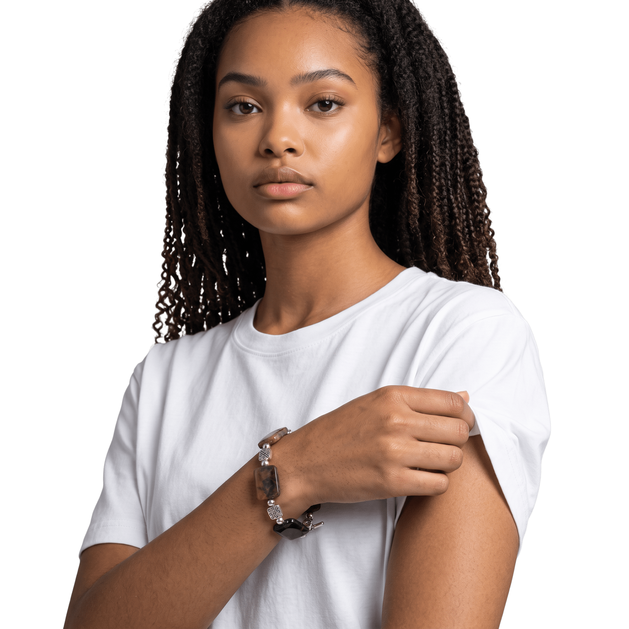 Woman wearing Pietersite Silver Plated Bracelet by Lottie's Trinkets