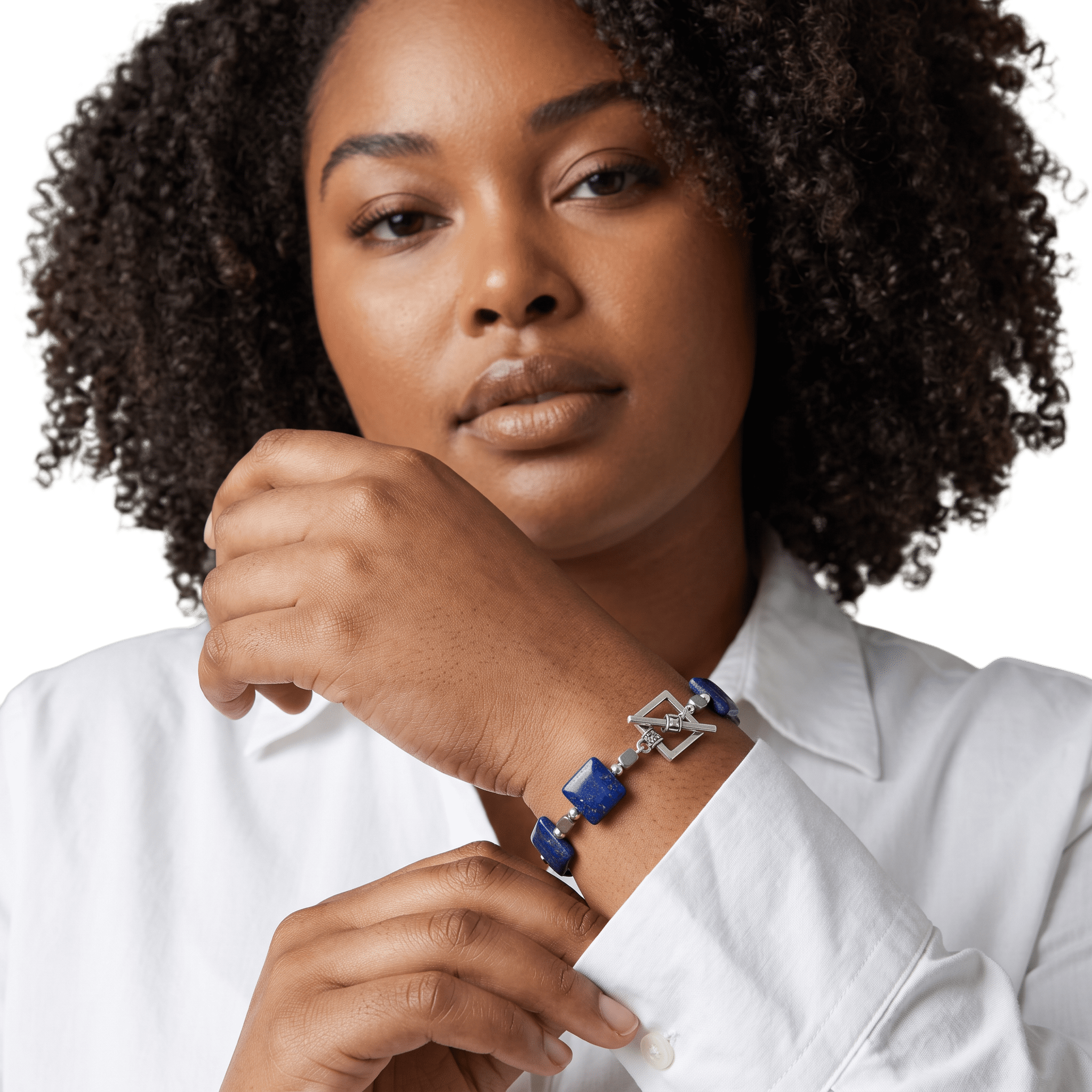 Woman wearing Lapis Lazuli  and Smoky Quartz Silver Plated Bracelet by Lottie's Trinkets