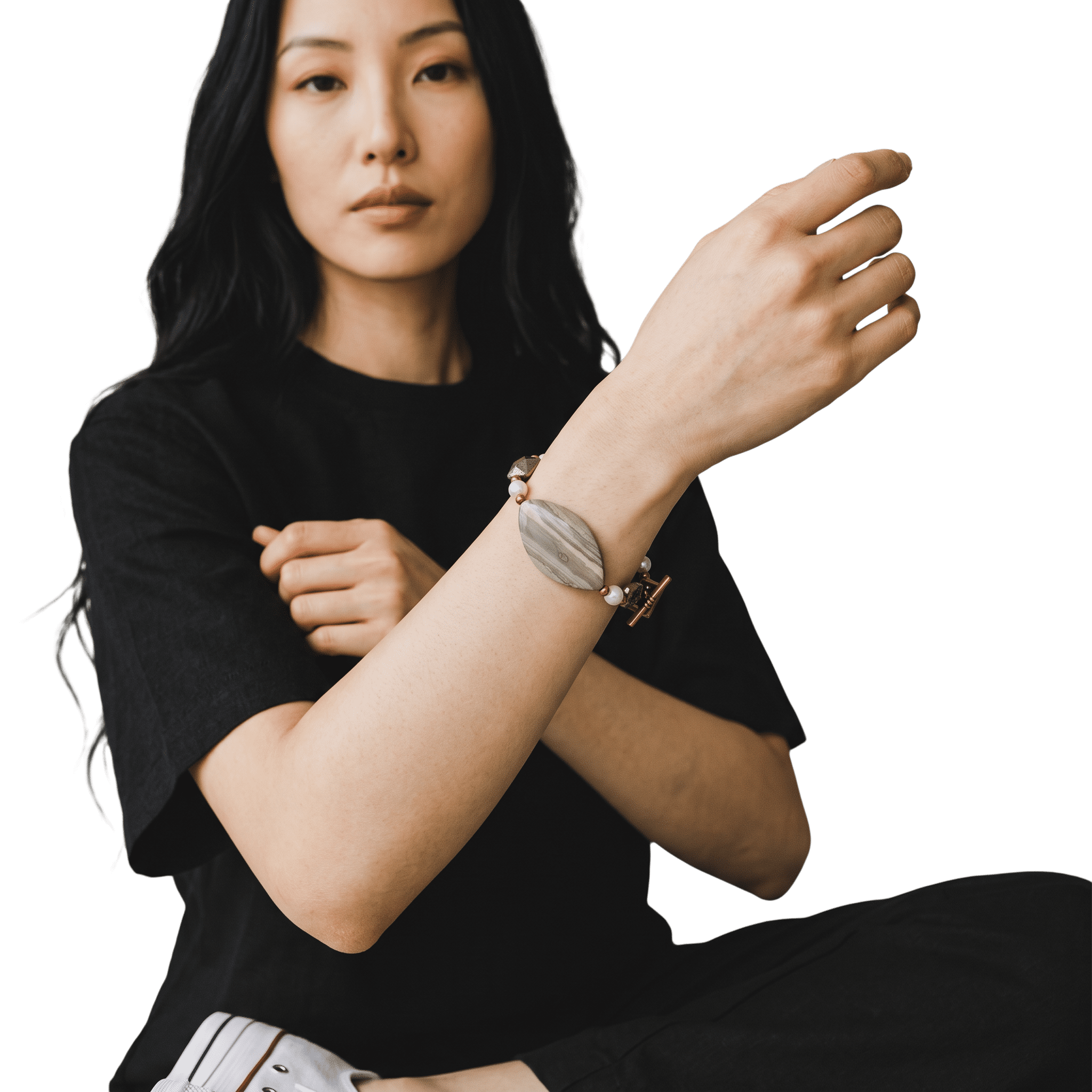 Woman wearing Jasper, Gold Pyrite and Swarovski Crystals Copper Bracelet by Lottie's Trinkets