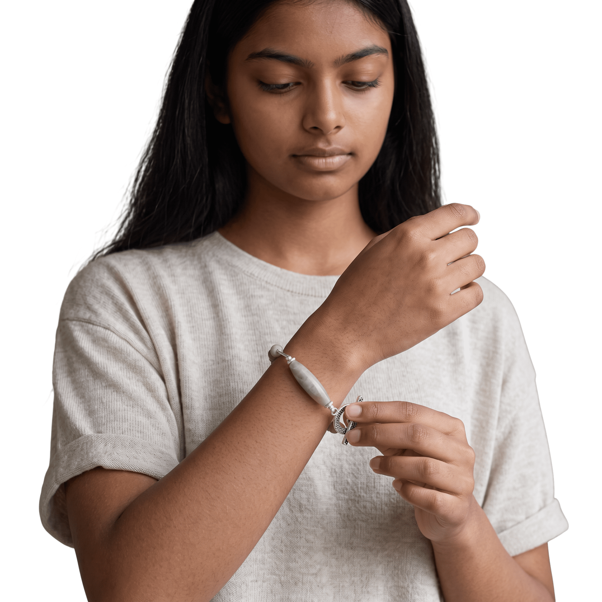 Woman wearing Serpentine and Butter Jasper Silver Plated Bracelet by Lottie's Trinkets