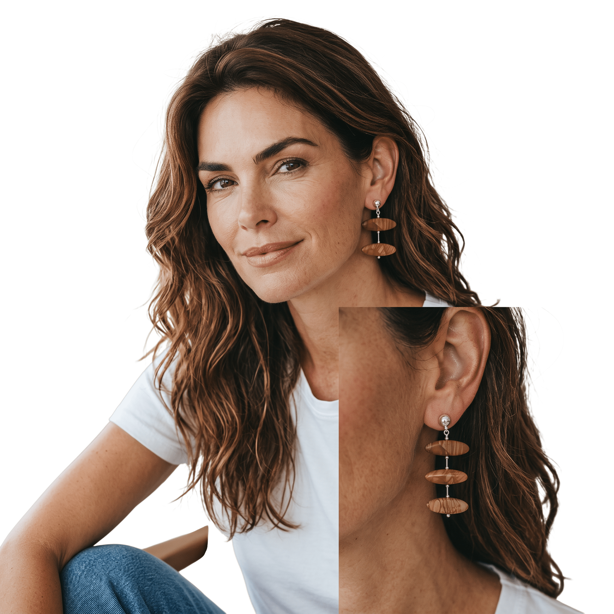 Woman wearing Woodgrain Jasper Sterling Silver Earrings by Lottie's Trinkets