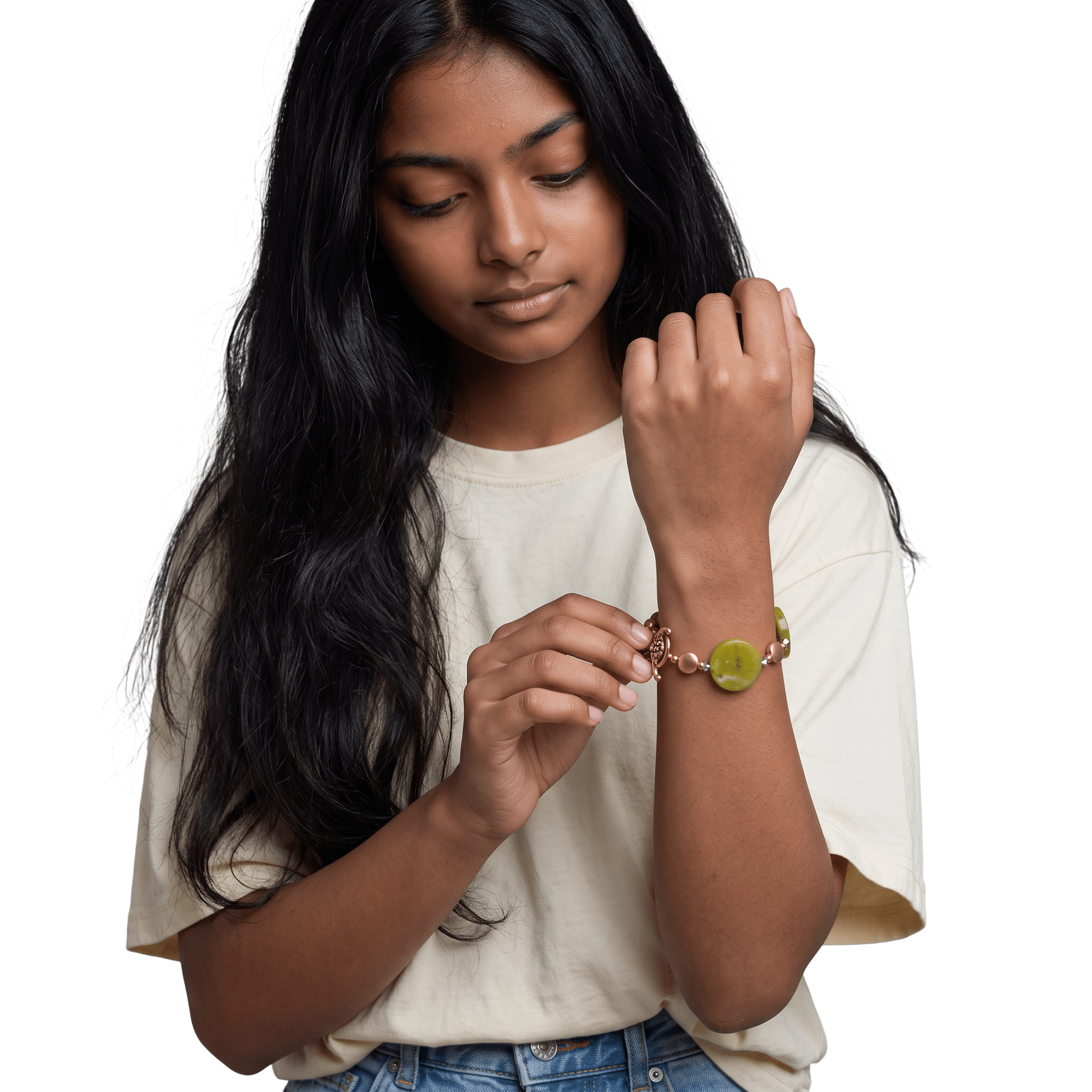 Woman wearing Jade and  Swarovski Crystals Copper Bracelet by Lottie's Trinkets