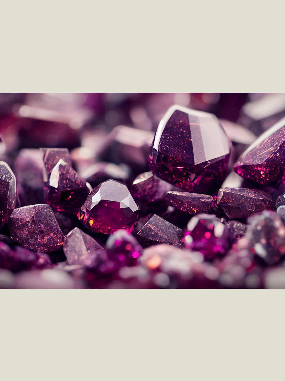 Close-up of deep purple and magenta gemstones, some cut into facets and others rough, sparkling and reflecting light.