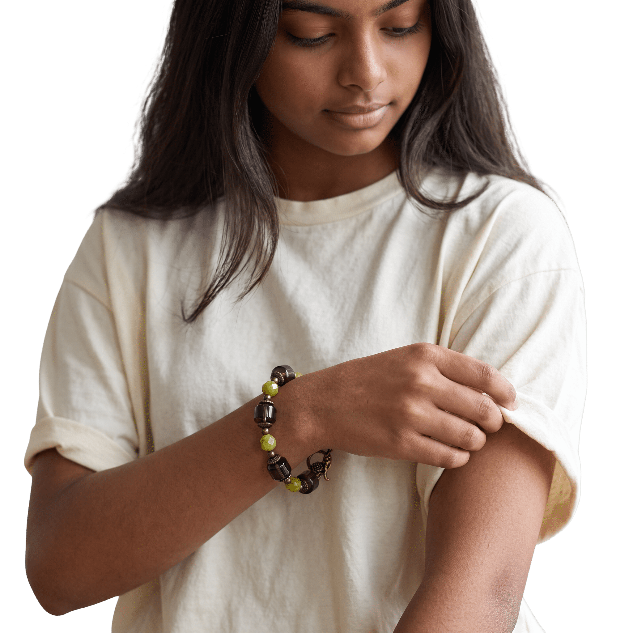 Woman wearing Jade beads and Smoky Quartz Brass Bracelet by Lottie's Trinkets