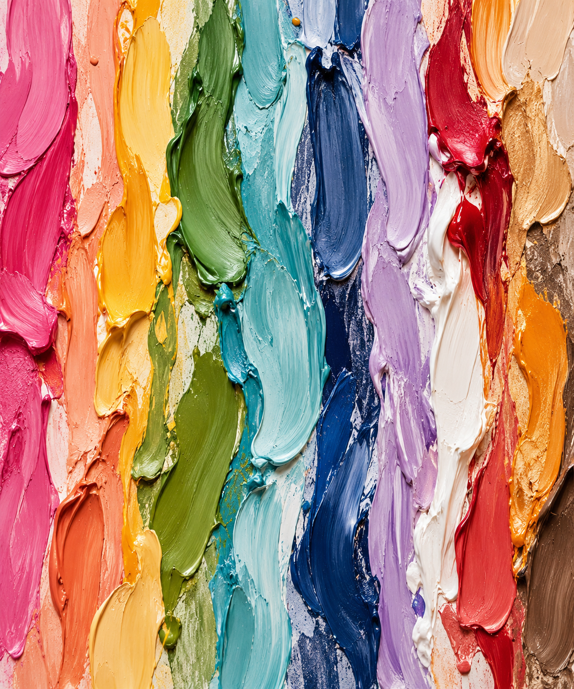 Swirls of vibrant, thick acrylic paint in rainbow colors, including pink, yellow, green, blue, purple, white, red, and orange.