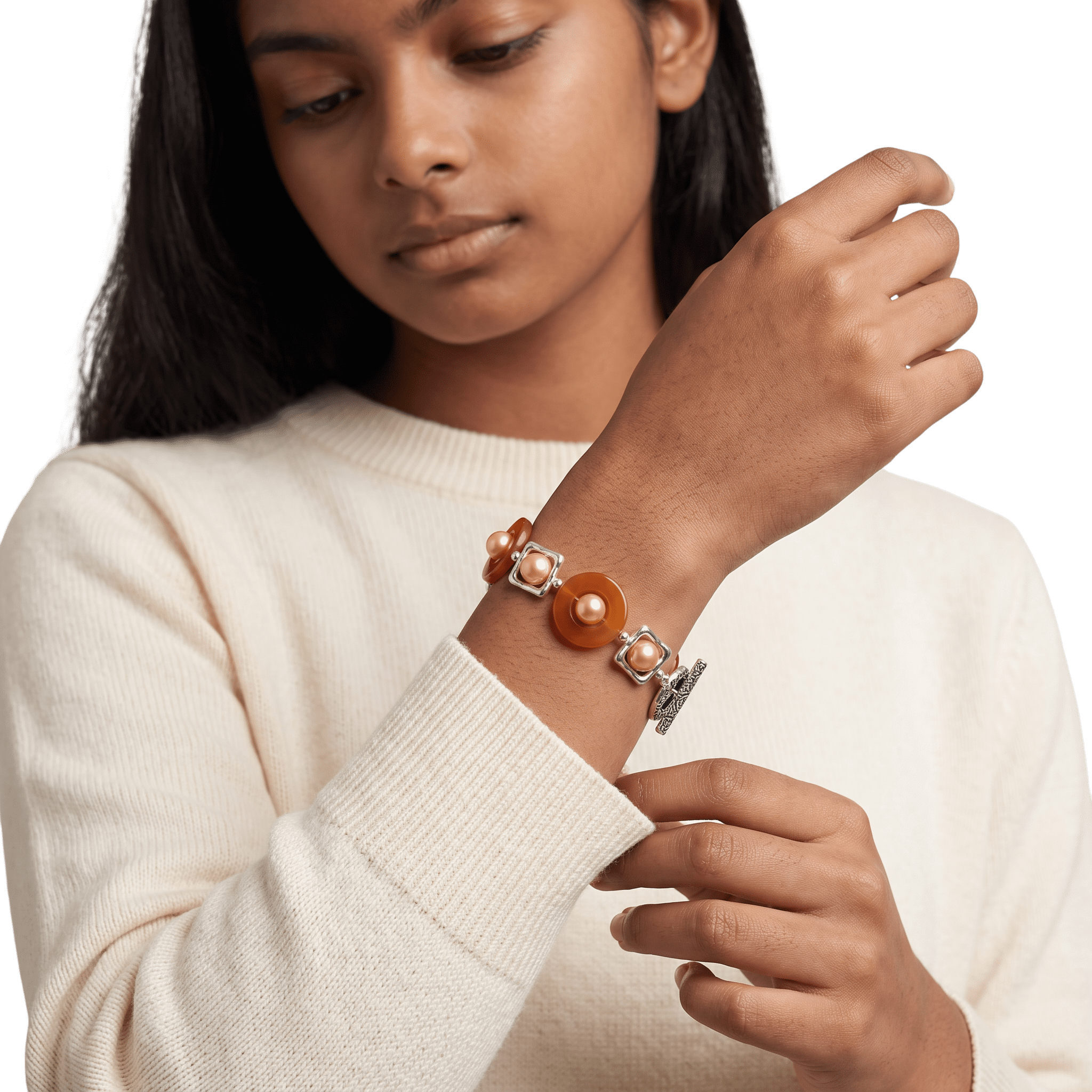 Woman wearing Carnelian and Swarovski Crystal Pearl Silver Plated Bracelet by Lottie's Trinkets