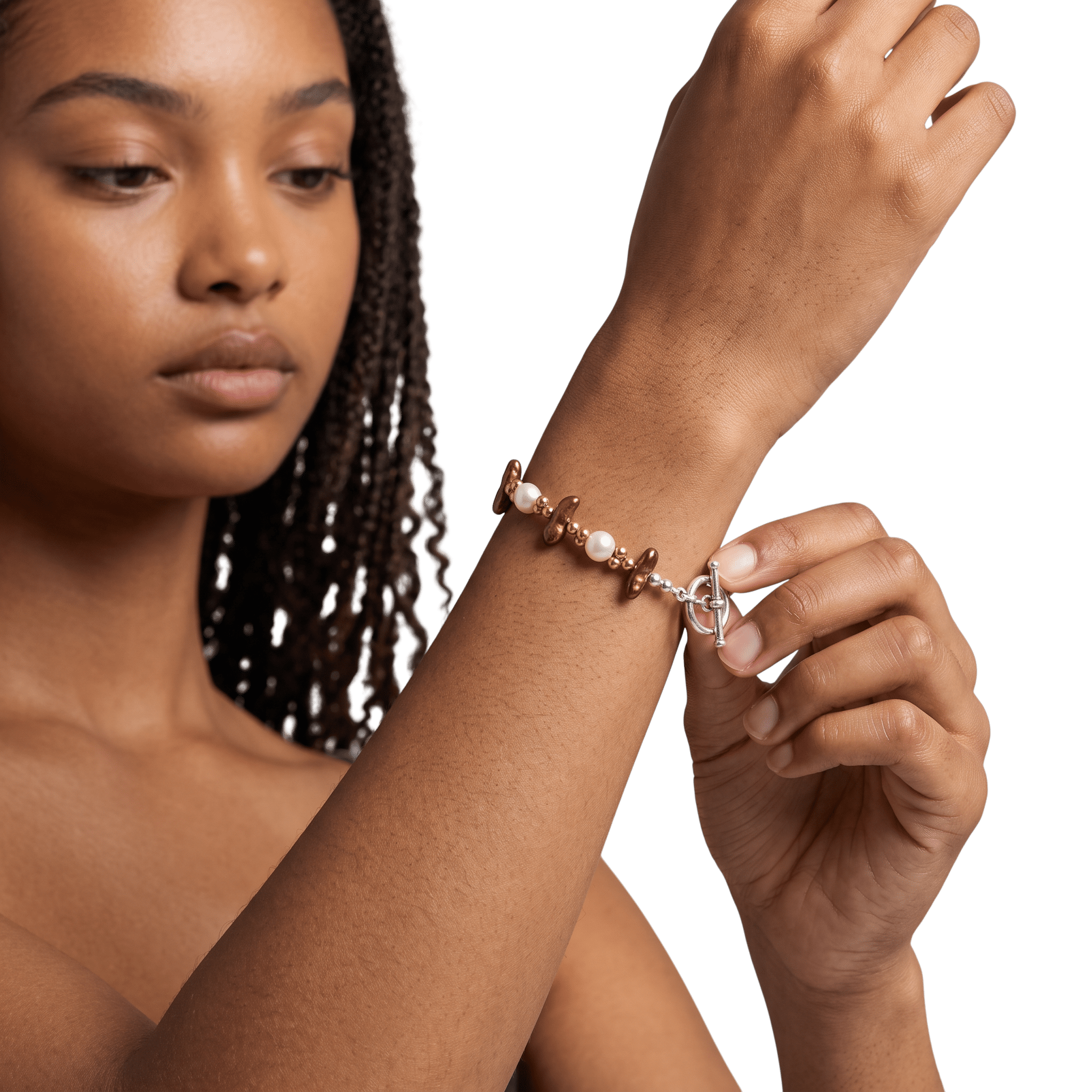 Woman wearing Freshwater Pearl Silver Plated Bracelet by Lottie's Trinkets