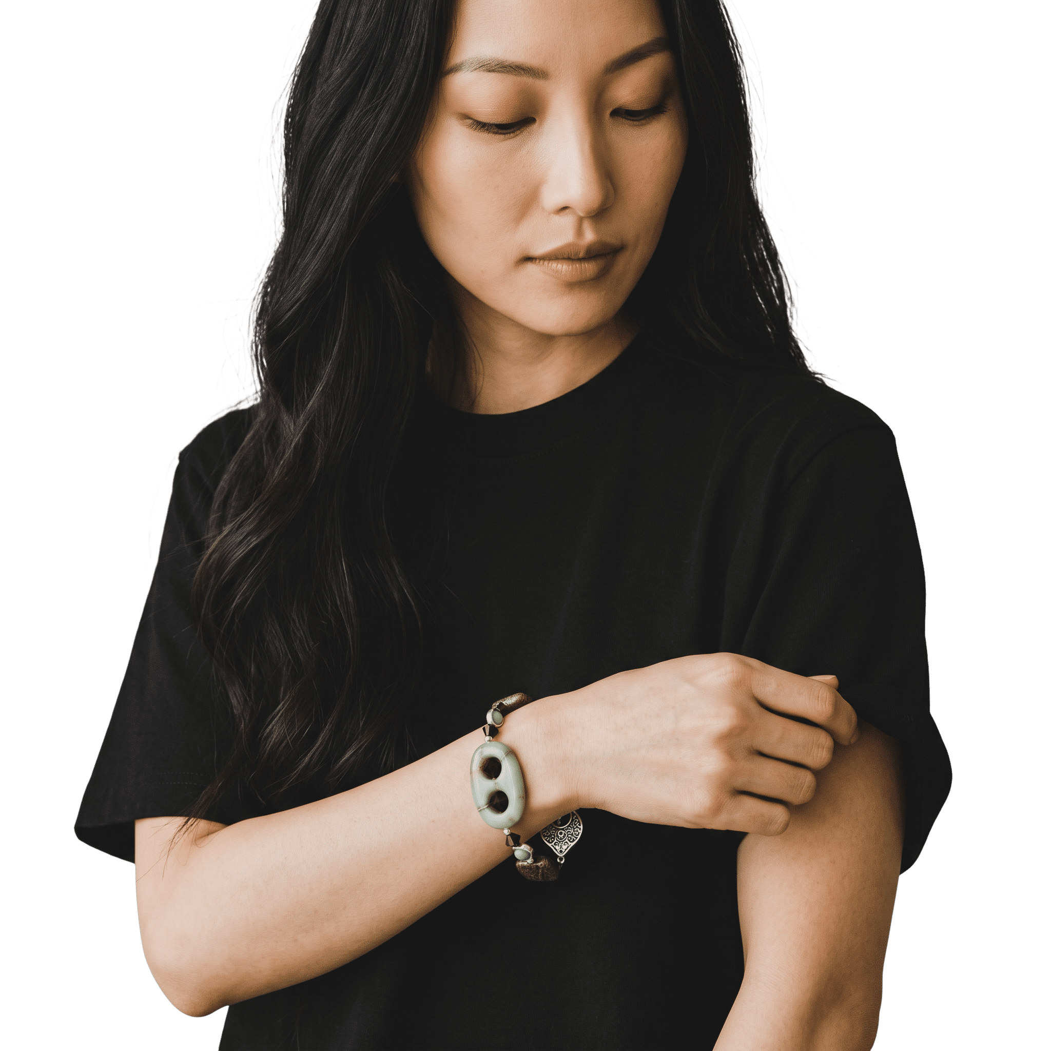 Woman wearing Snake and Impression Jasper Silver Plated Bracelet by Lottie's Trinkets