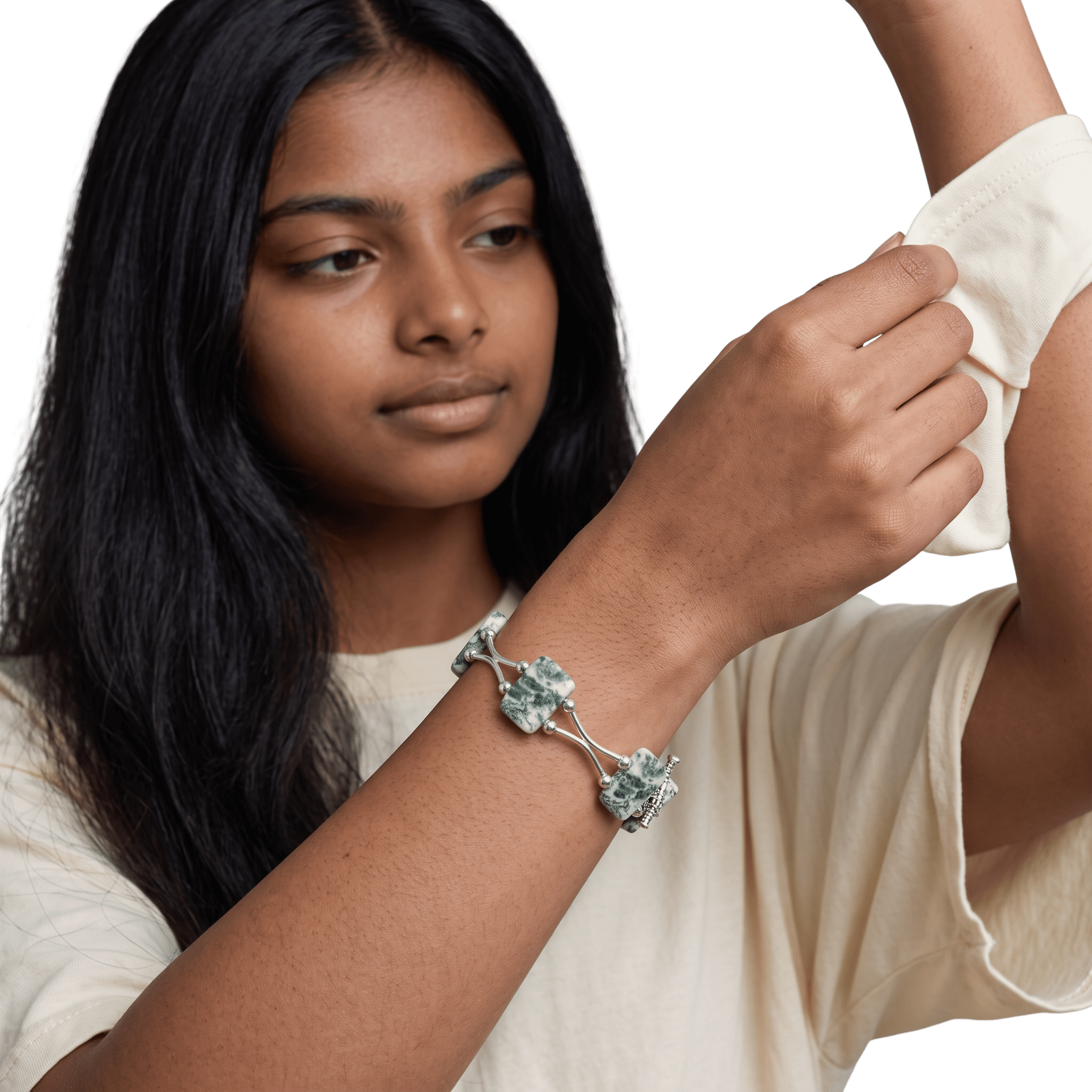 Woman wearing Tree Agate Silver Plated Bracelet by Lottie's Trinkets