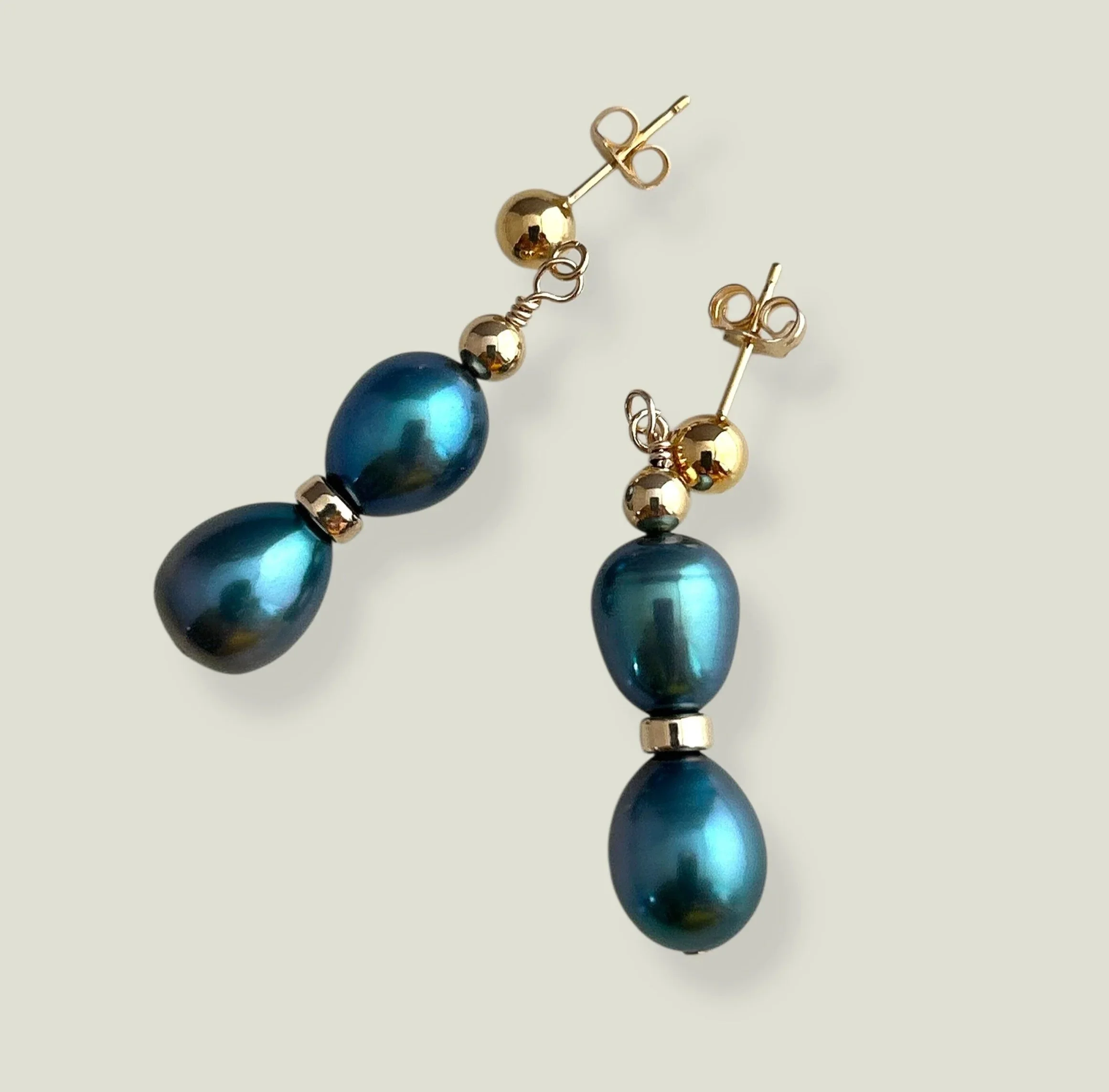 Deep Teal Pearl Elegance 14k Gold Earrings by Lise Spence-Parsons for Lottie's Trinkets - Always Beautiful