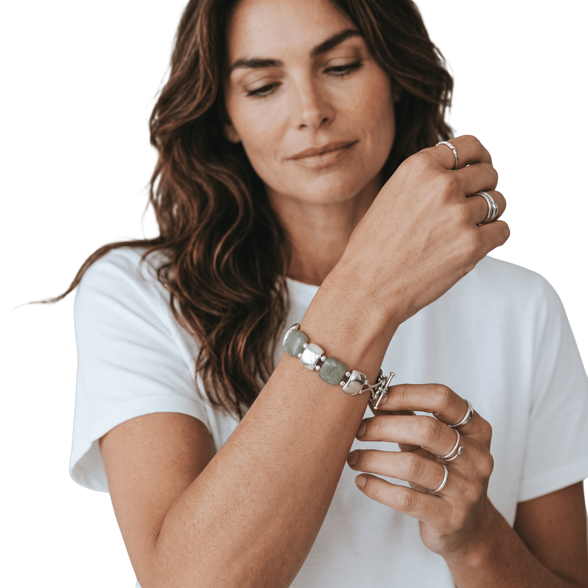 Woman wearing Aquamarine Silver Plated Bracelet by Lottie's Trinkets