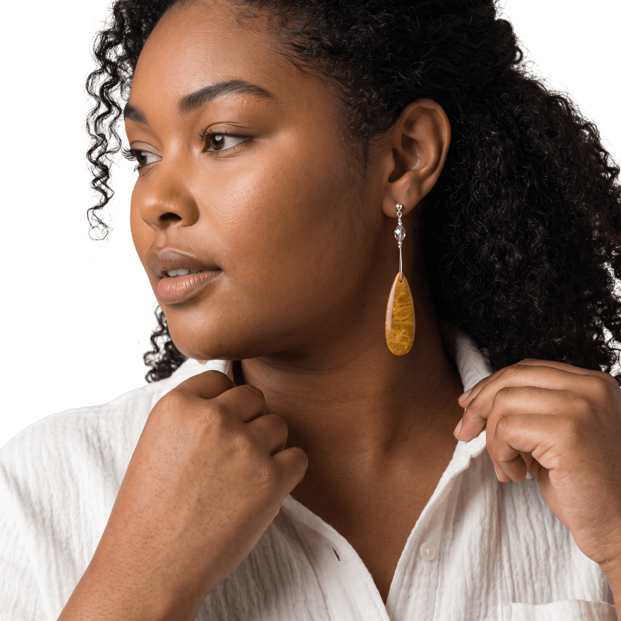 Woman wearing Fossilized Coral and Swarovski Crystal Sterling Silver Earrings by Lottie's Trinkets