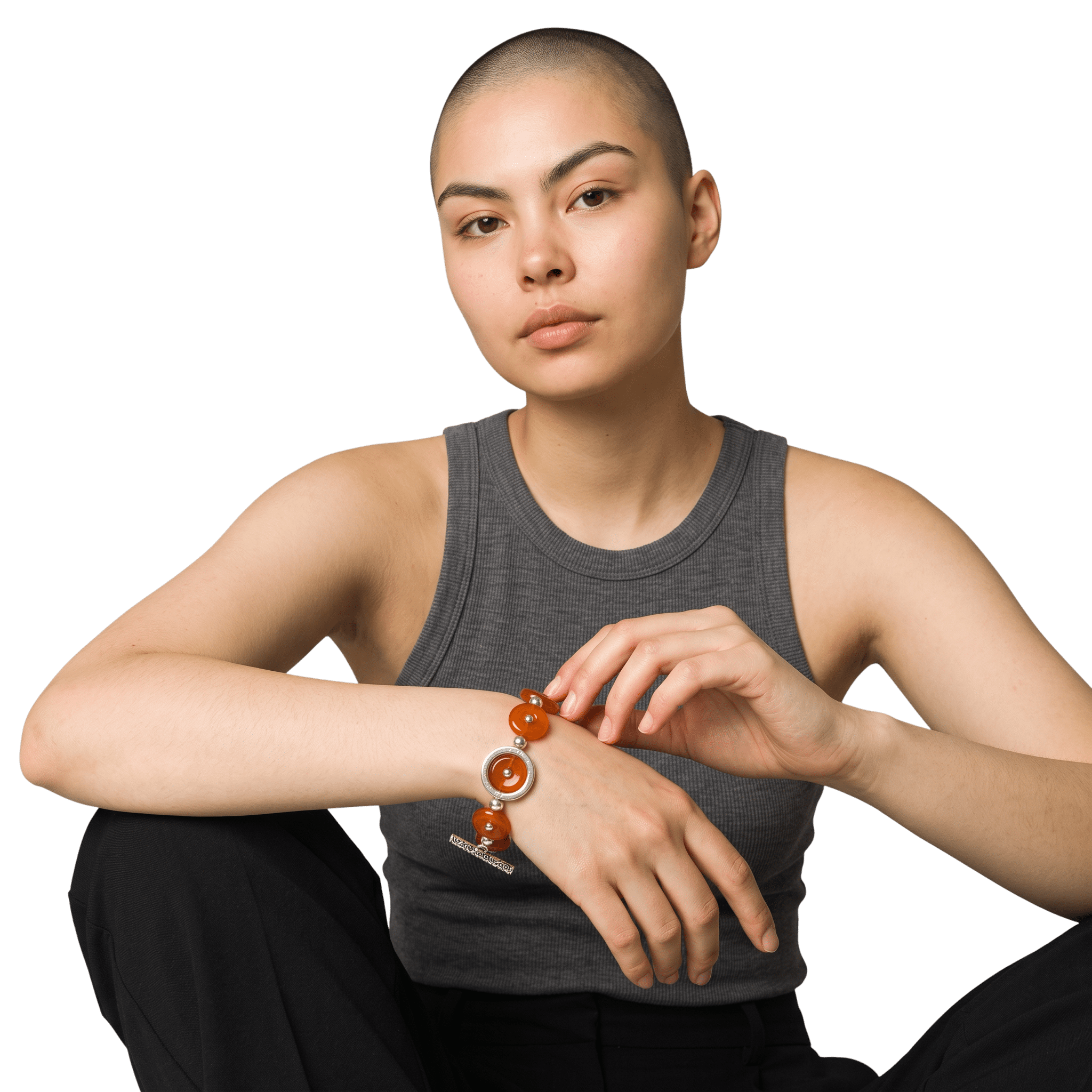 Woman wearing Carnelian Silver Plated Bracelet by Lottie's Trinkets