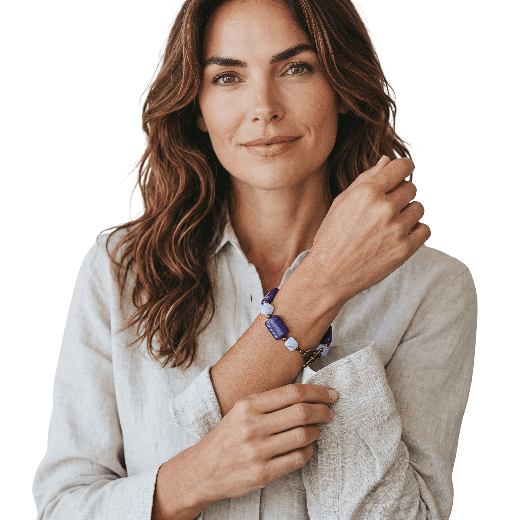 Woman wearing Purple Jade  and Blue Crazy Lace Agate Brass Bracelet by Lottie's Trinkets