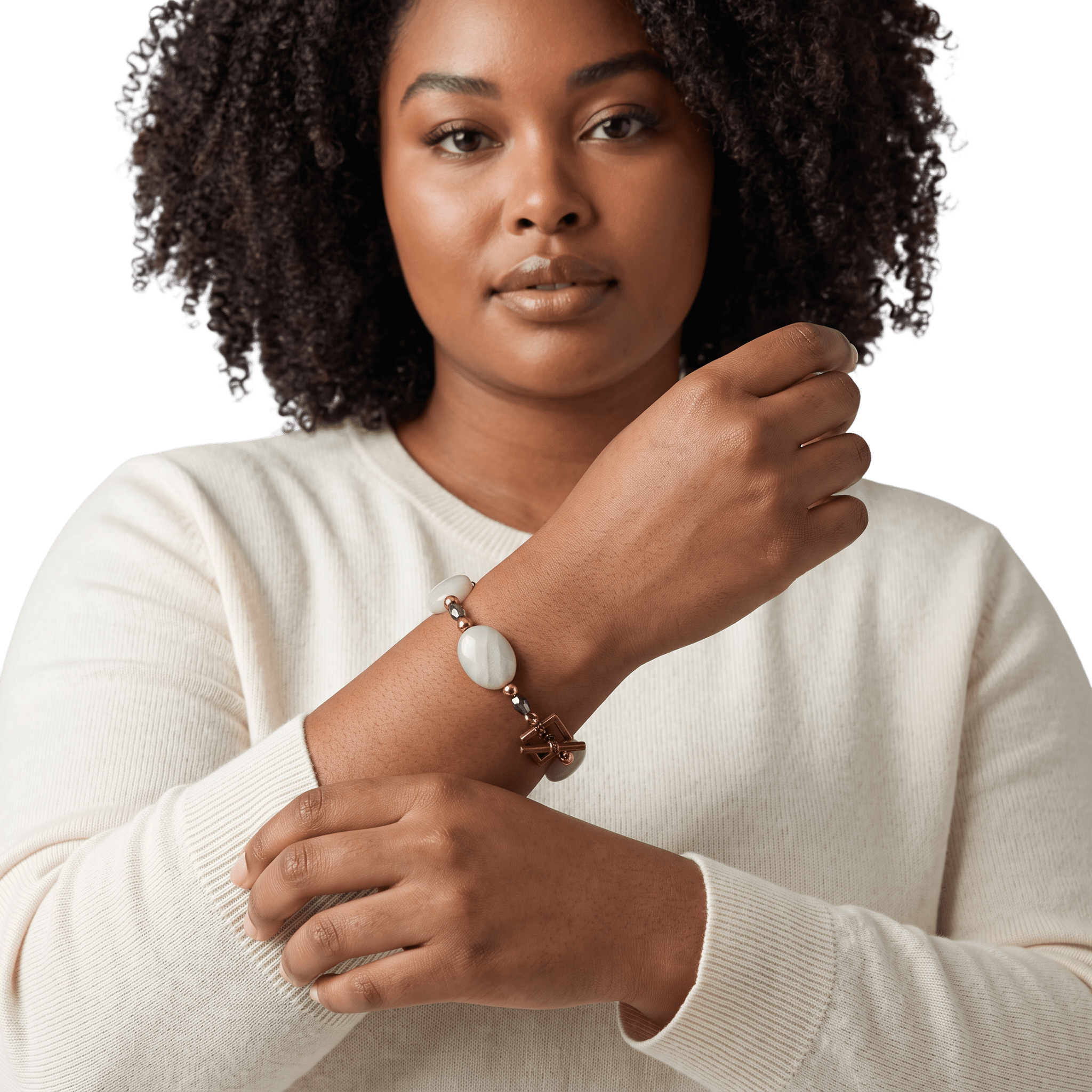 Woman wearing Moonstone Copper and Swarovski Crystal  Copper Bracelet by Lottie's Trinkets