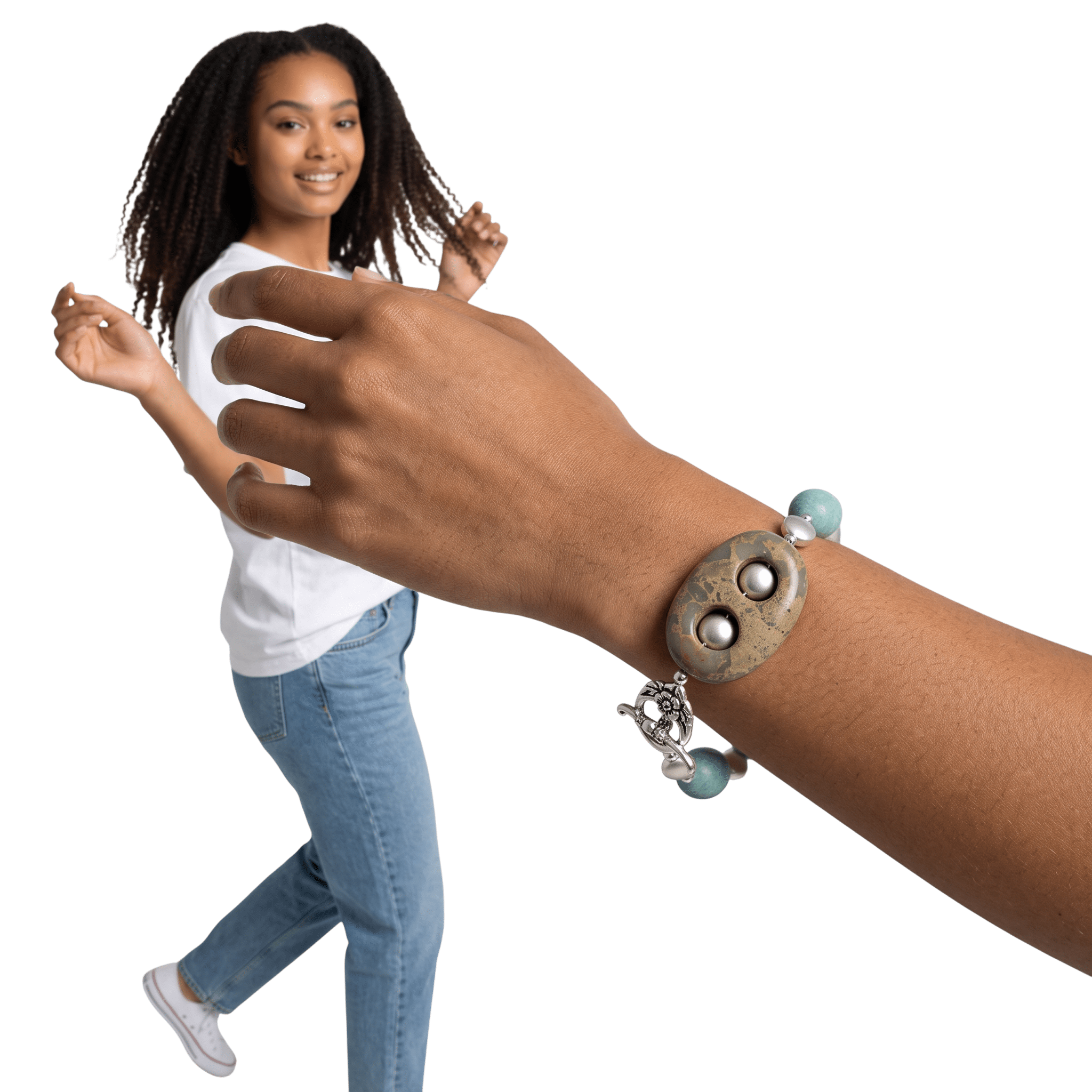 Woman wearing Amazonite and Jasper Silver Plated Bracelet by Lottie's Trinkets