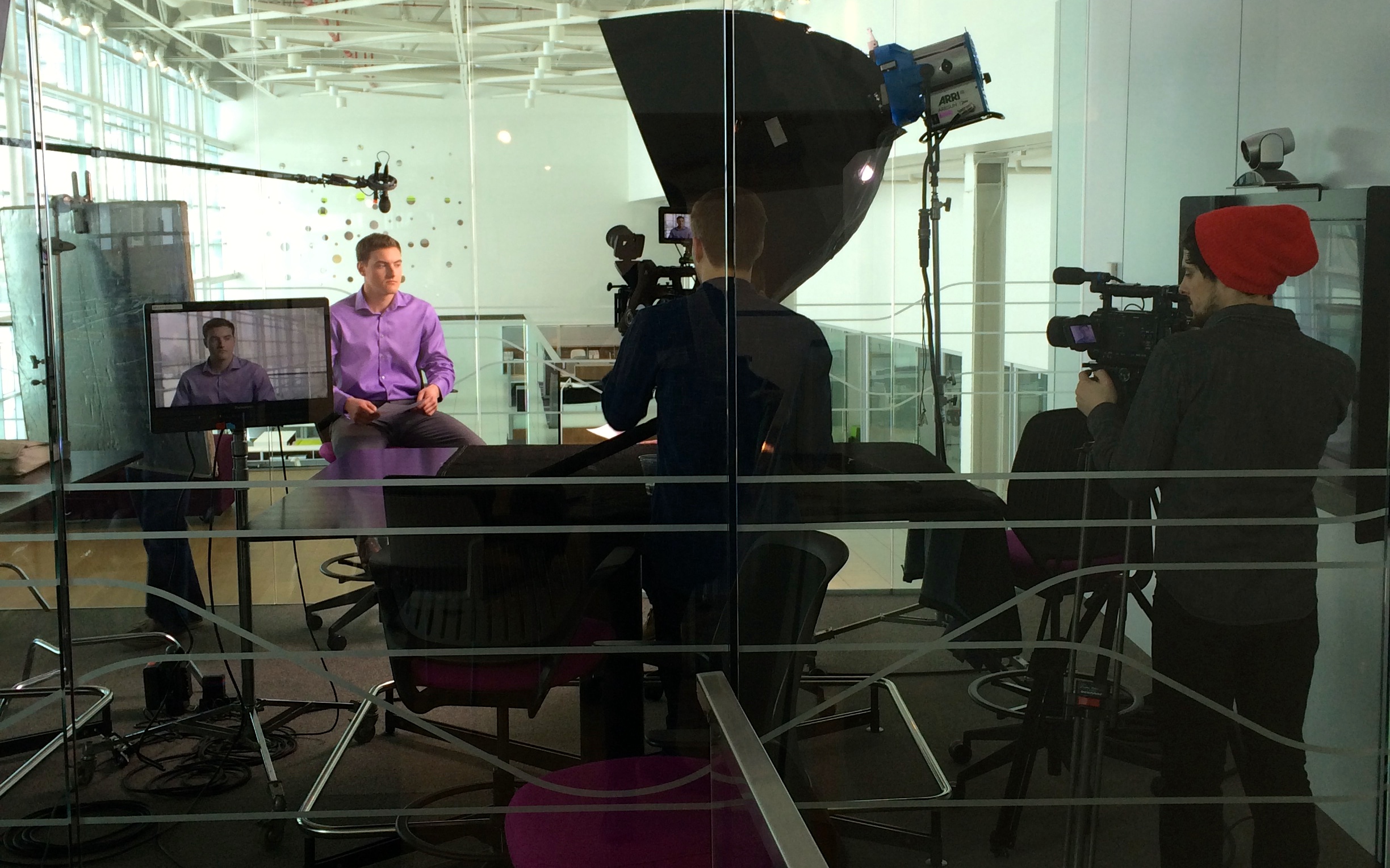 On set at Steelcase Headquarters. 