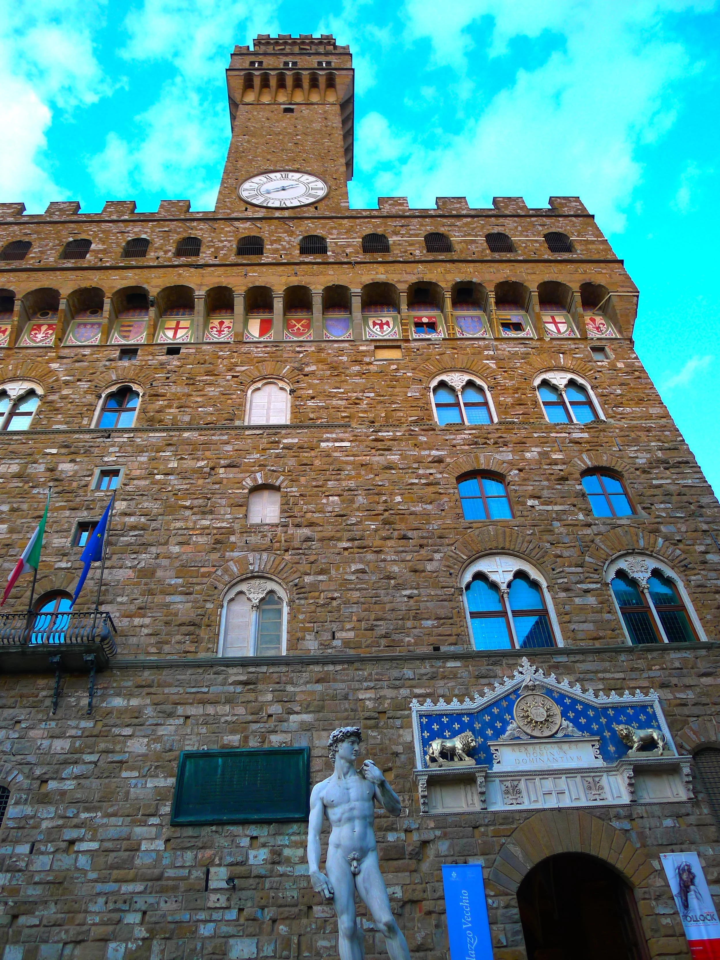 The replica David outside of the Palazzo della Singoria in Florence, Italy. 
