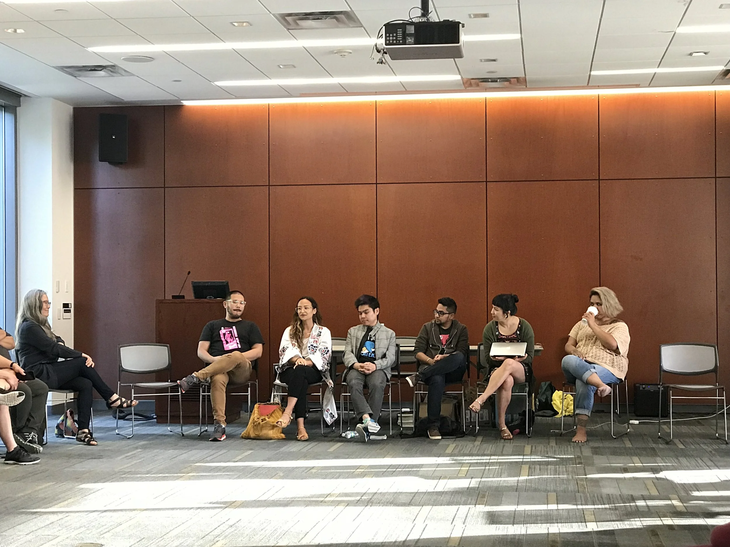 Dan Lau, Kyle Lucia Wu, Duy Doan, Jai Dulani, Cathy Linh Che, and Terisa Siagatonu presenting the Writing, Professionalization, and Community Seminar!