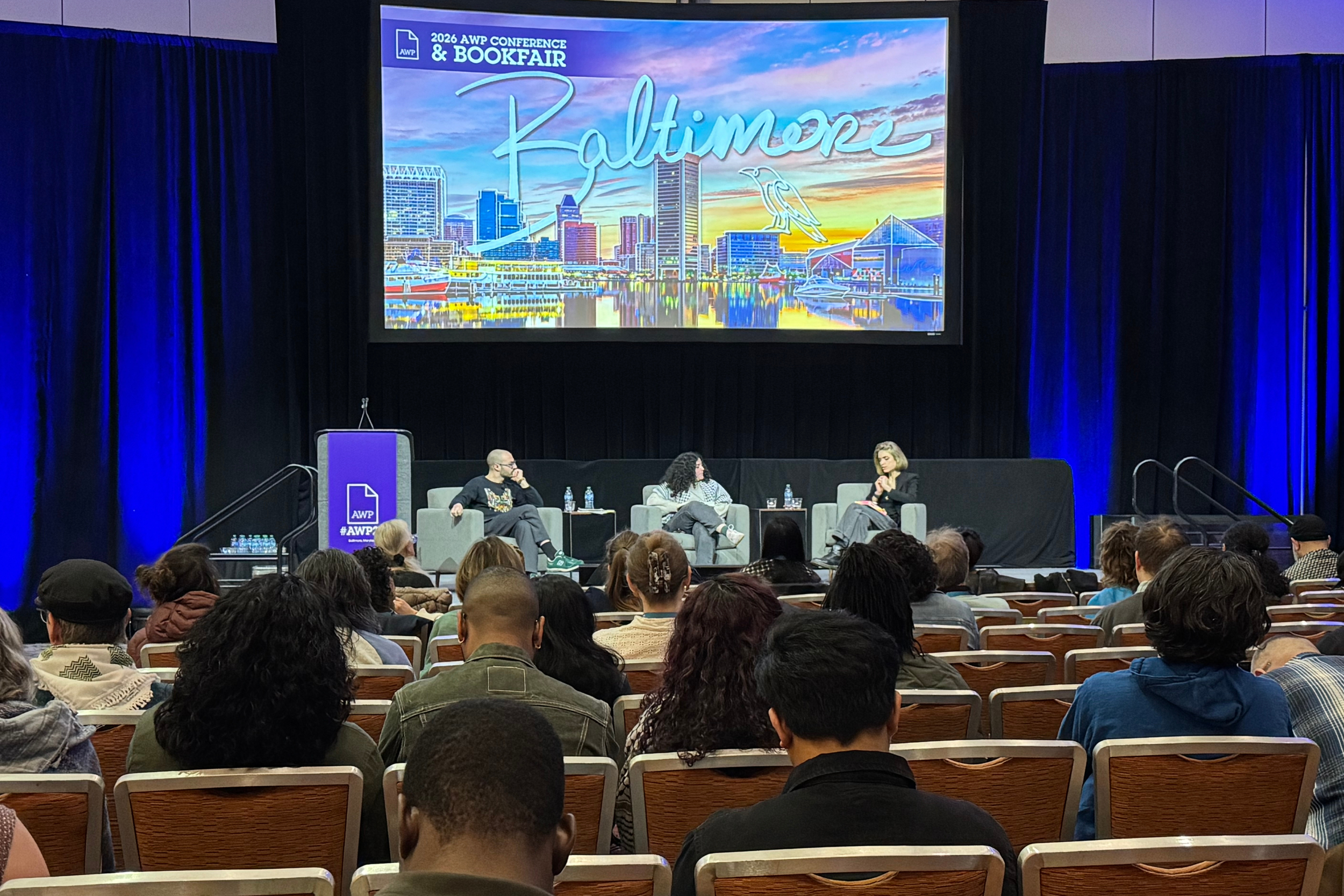 Fargo Nissim Tbakhi, leena aboutaleb, and Sarah Aziza on stage during Kundiman's Featured Event at AWP.