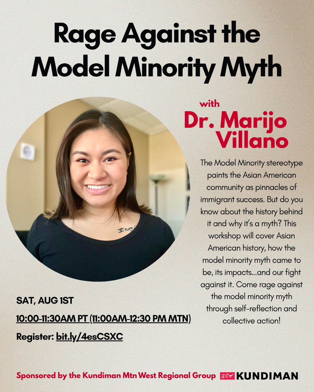 Rage Against the Model Minority Myth: A Virtual Writing Workshop with Dr. Marijo Villano, Presented by Kundiman Mountain West